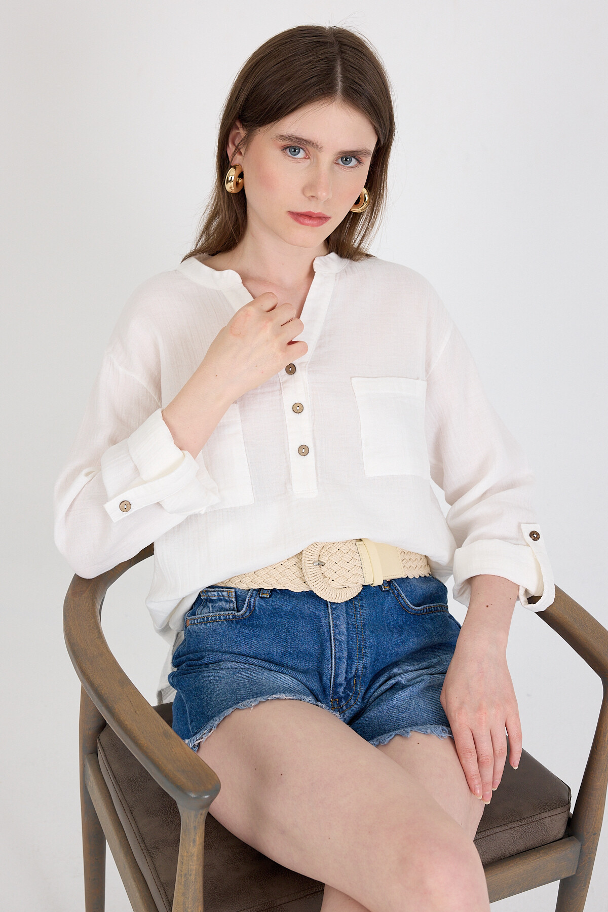 Beyaz %100 Pamuk Keten Görünümlü Hakim Yaka Tunik Gömlek 4698A - 1