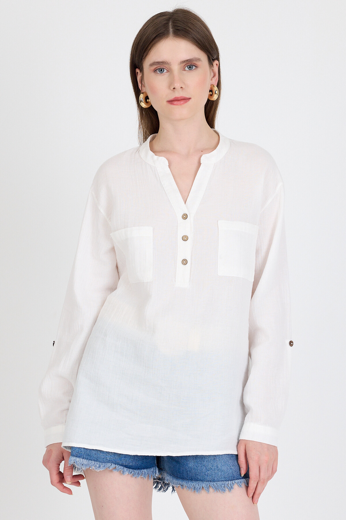 Beyaz %100 Pamuk Keten Görünümlü Hakim Yaka Tunik Gömlek 4698A - 2