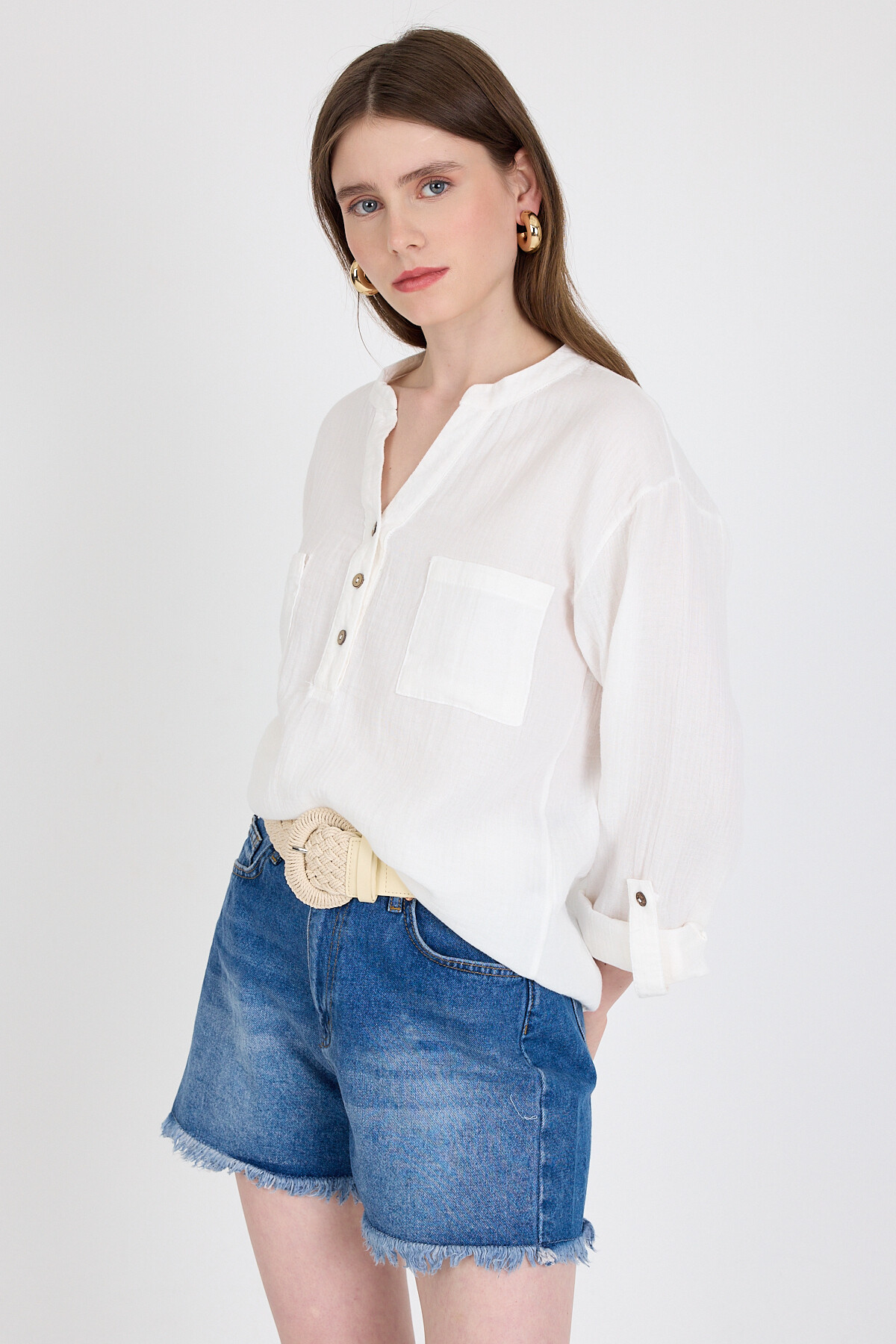 Beyaz %100 Pamuk Keten Görünümlü Hakim Yaka Tunik Gömlek 4698A - 3