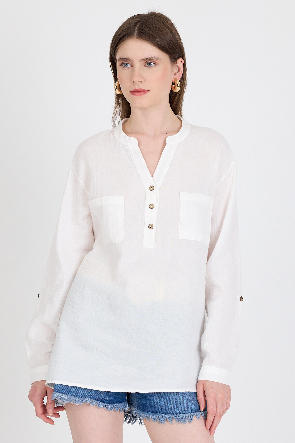 Beyaz %100 Pamuk Keten Görünümlü Hakim Yaka Tunik Gömlek 4698A - 6