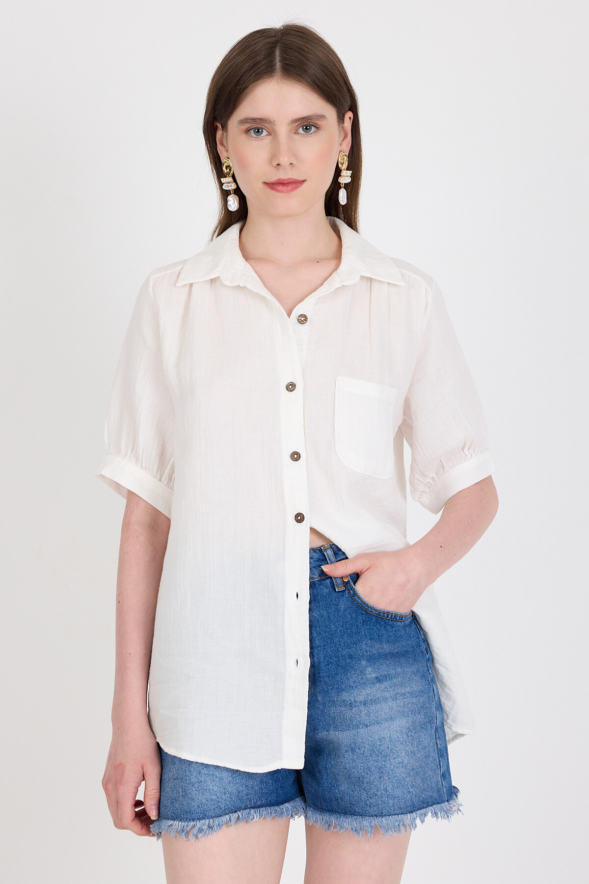 Beyaz %100 Pamuk Kısa Kollu Cepli Gömlek 4787A - RAYS