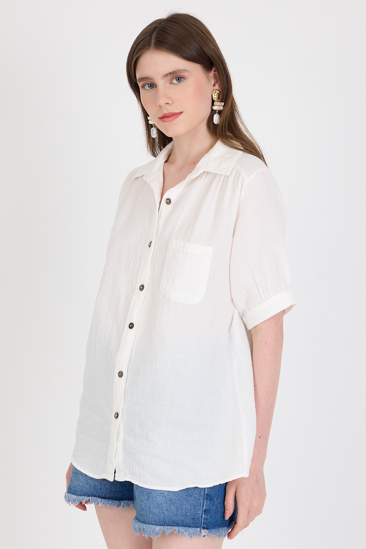 Beyaz %100 Pamuk Kısa Kollu Cepli Gömlek 4787A - 2