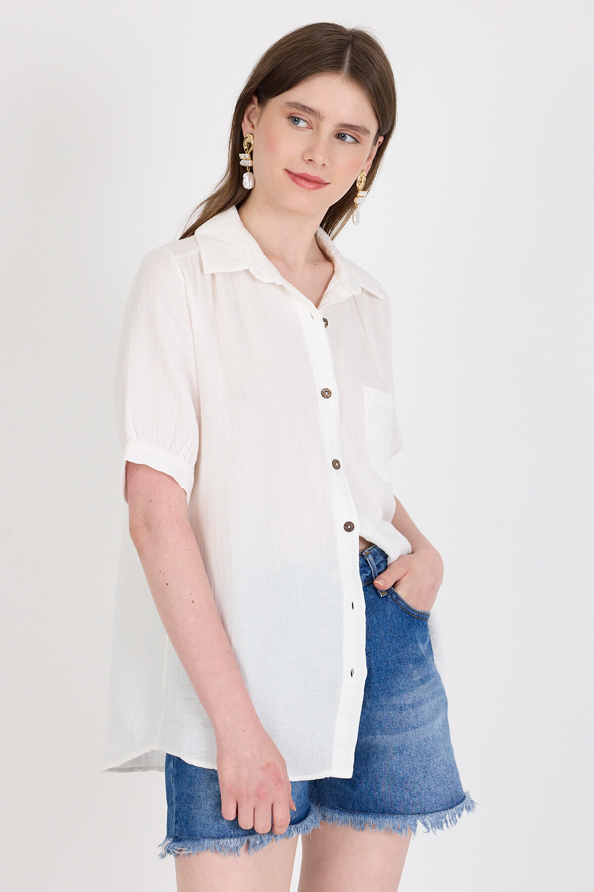 Beyaz %100 Pamuk Kısa Kollu Cepli Gömlek 4787A - 3