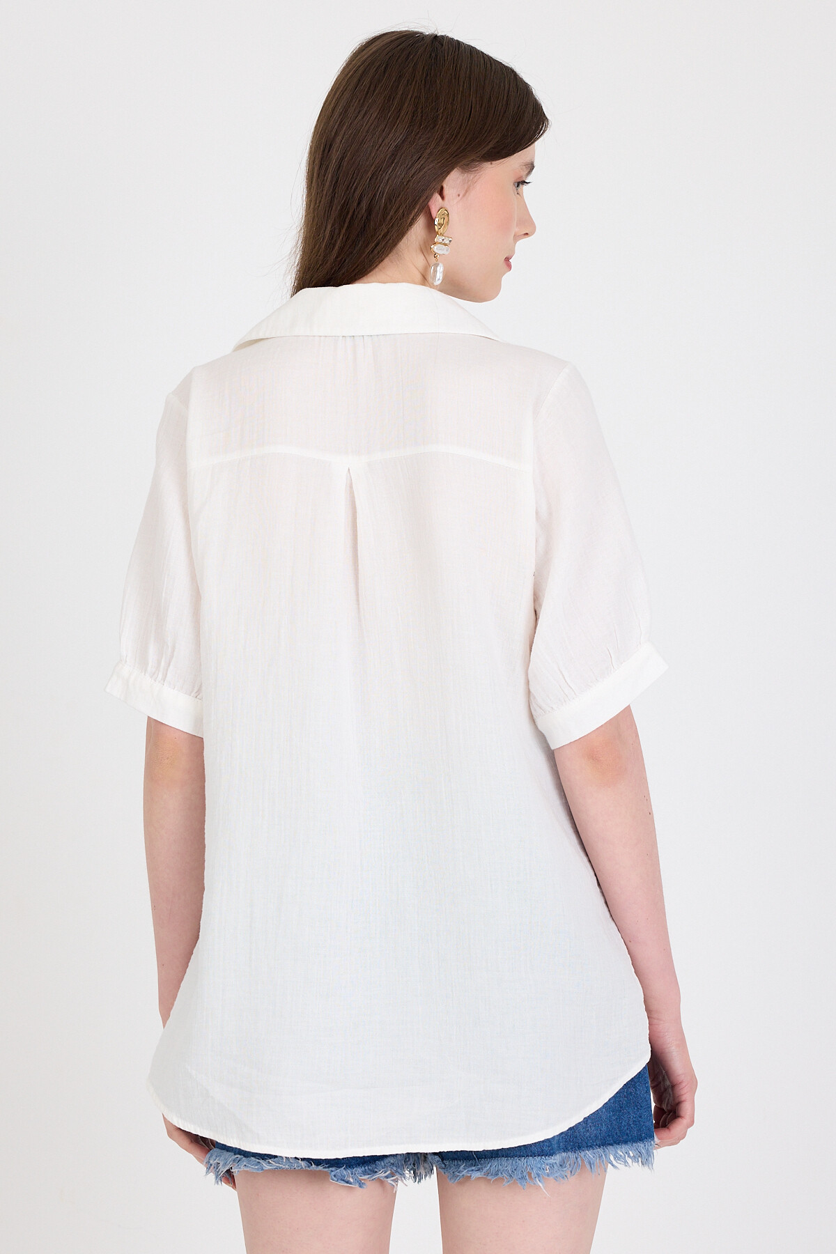 Beyaz %100 Pamuk Kısa Kollu Cepli Gömlek 4787A - 5