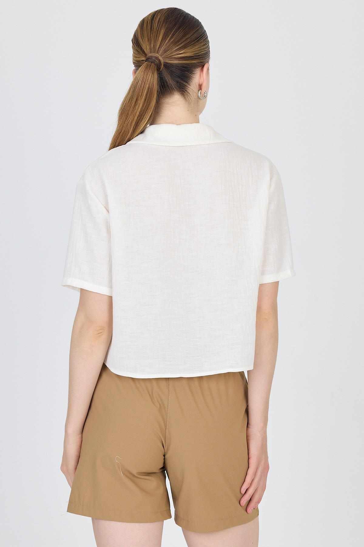 Beyaz %100 Pamuk Kısa Kollu İşleme Detaylı Gömlek 4827 - 5