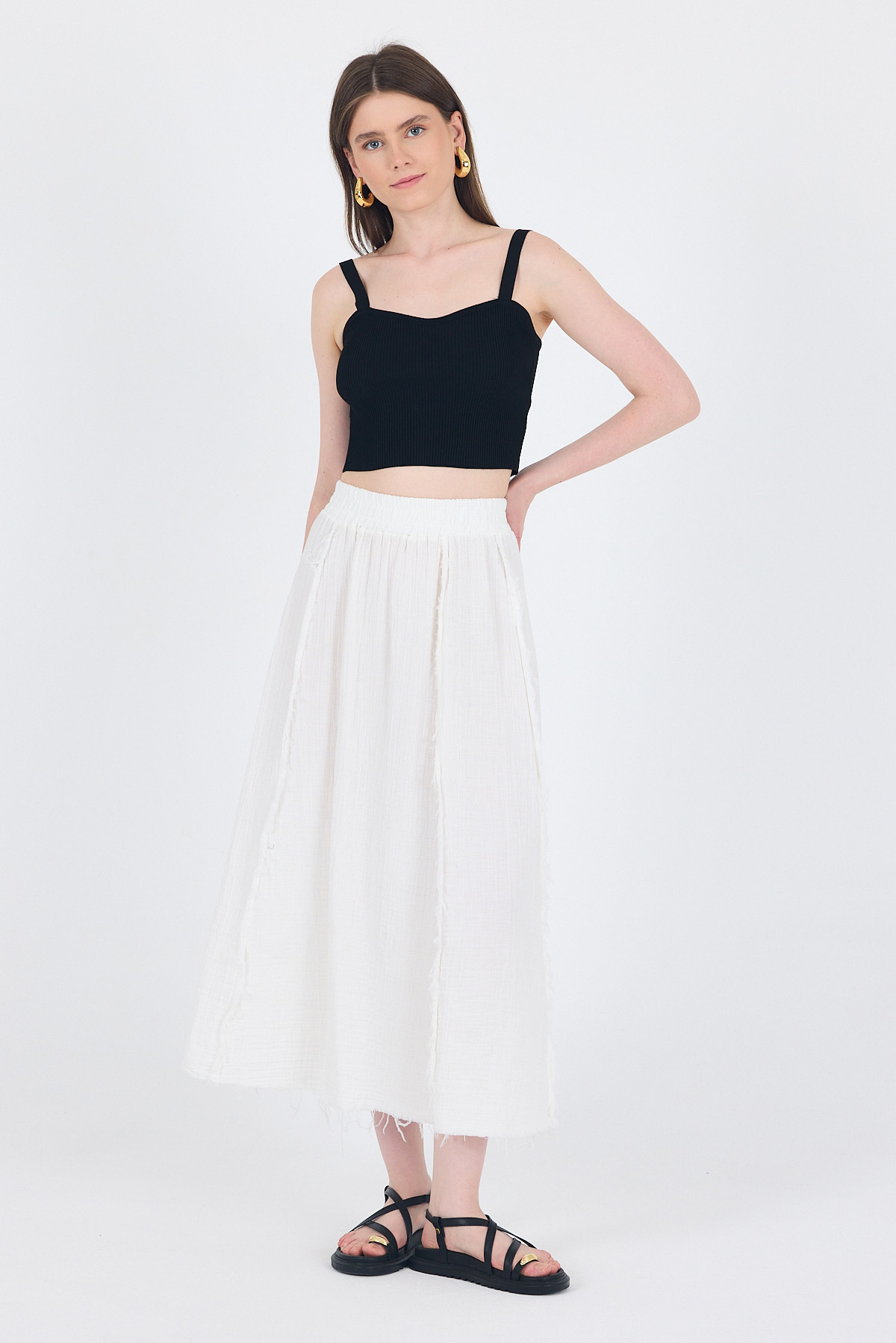 Beyaz %100 Pamuk Müslin Midi Etek 7038 - 1