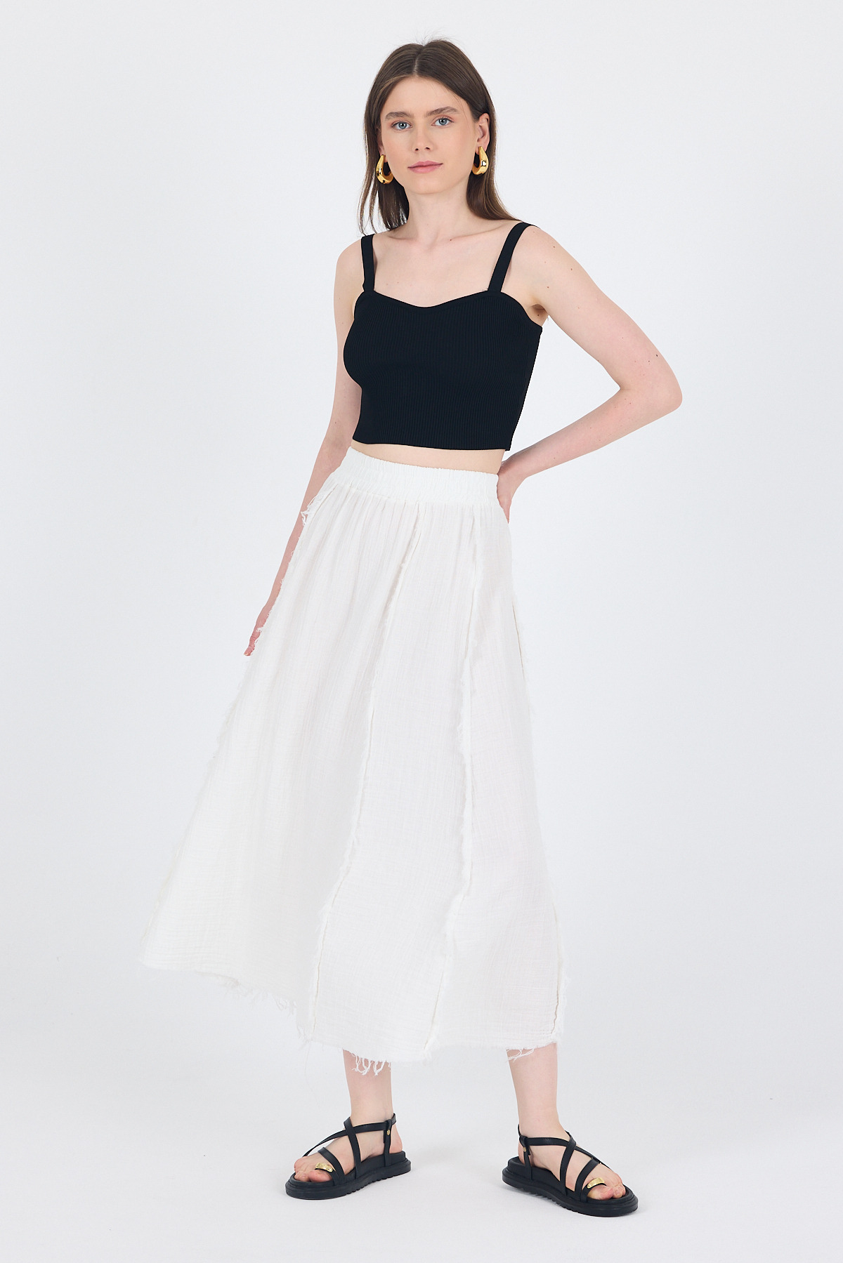 Beyaz %100 Pamuk Müslin Midi Etek 7038 - RAYS