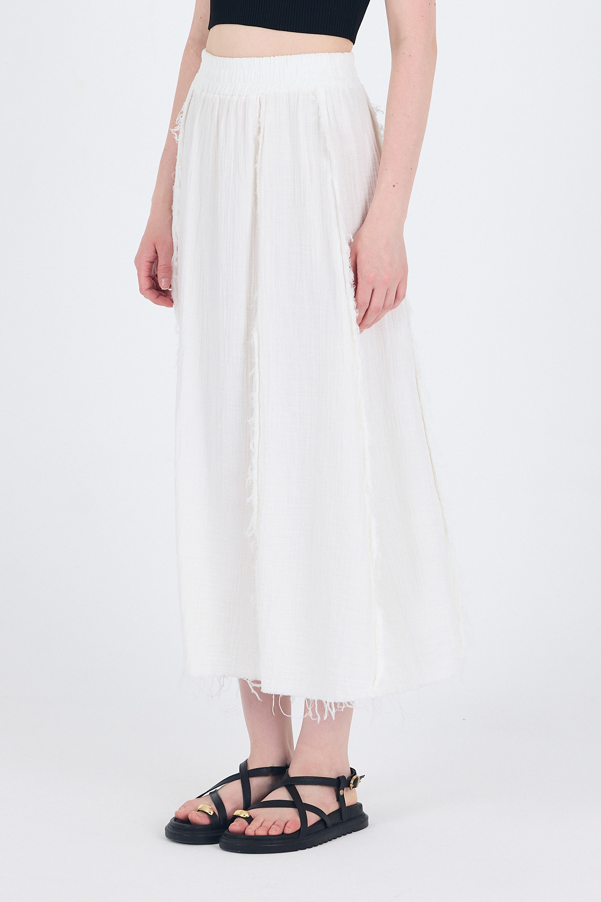 Beyaz %100 Pamuk Müslin Midi Etek 7038 - 5