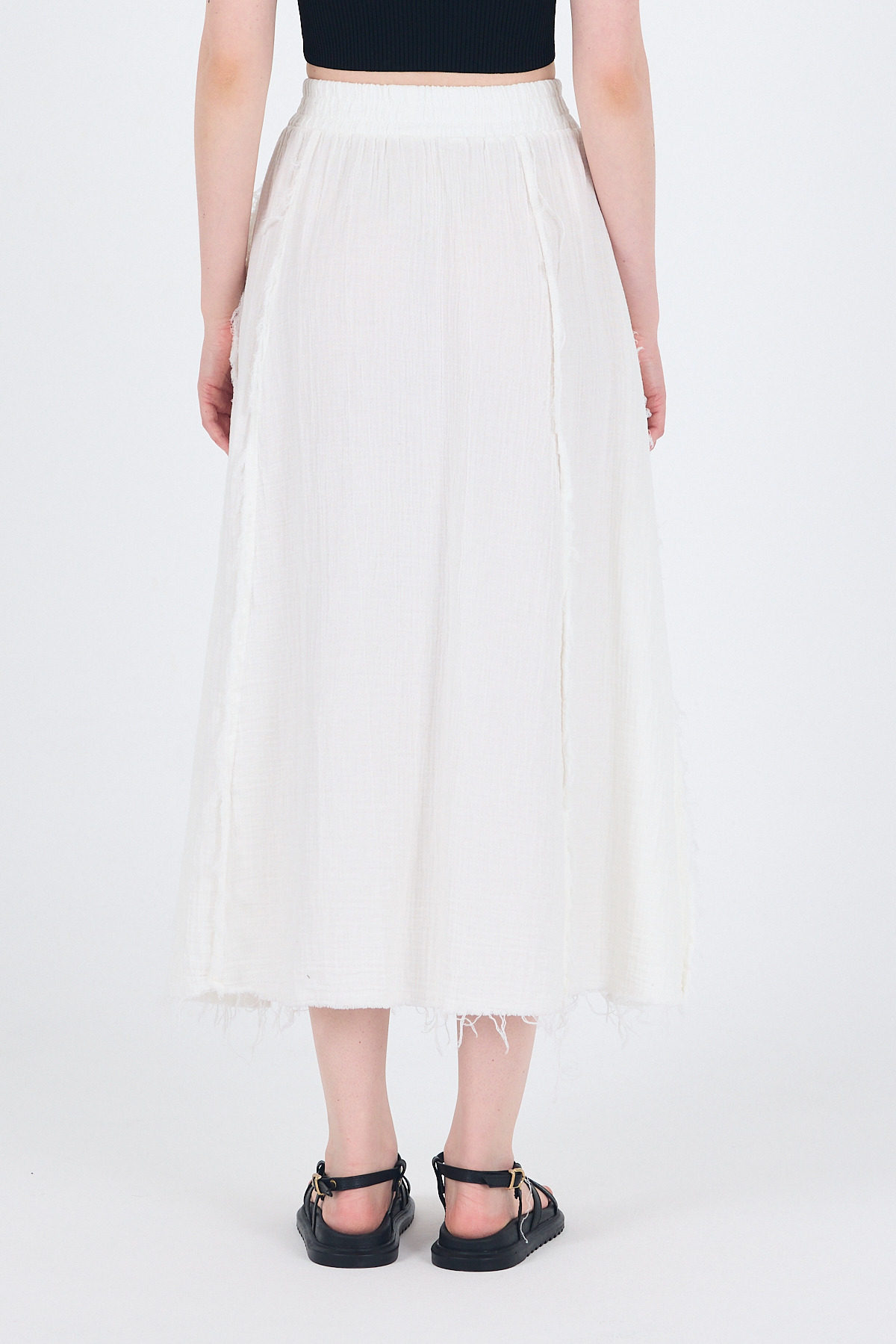 Beyaz %100 Pamuk Müslin Midi Etek 7038 - 6