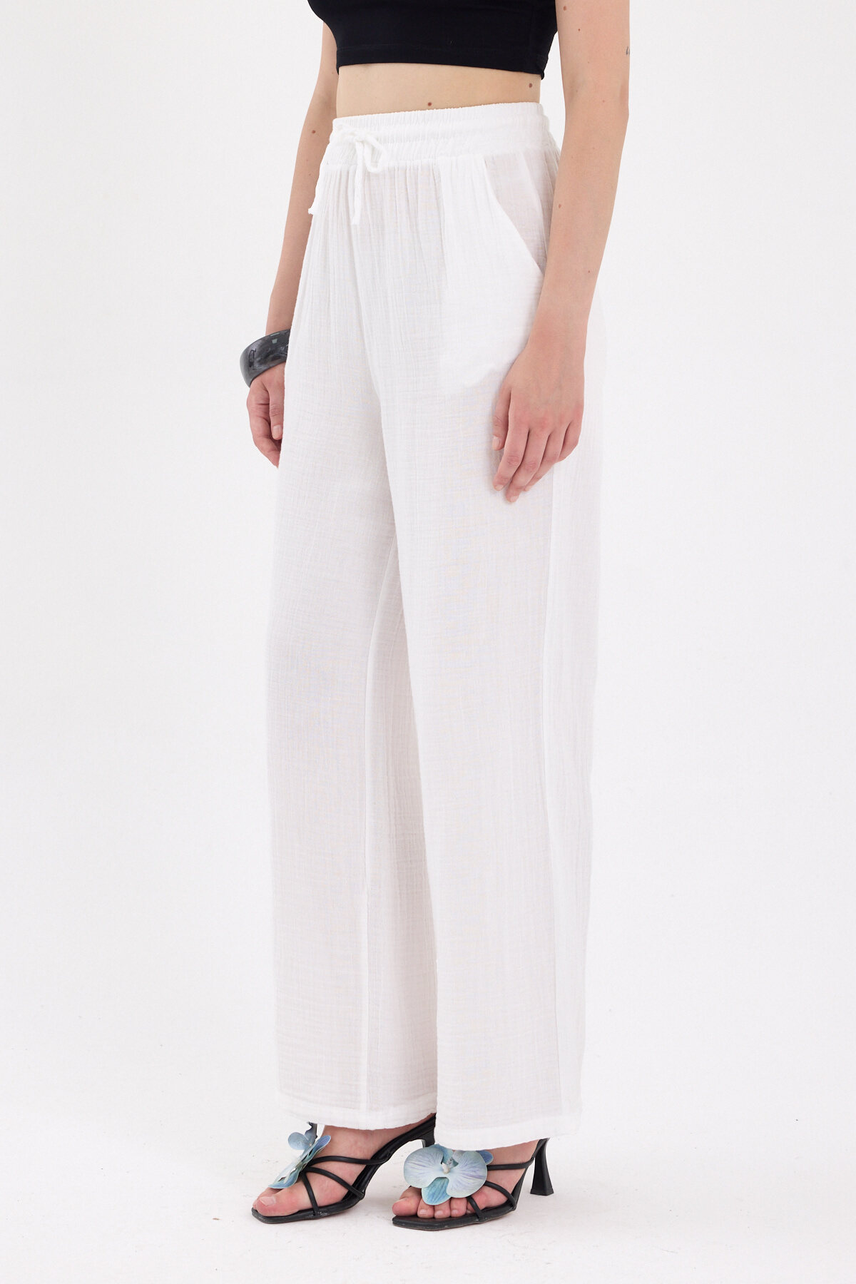 Beyaz %100 Pamuk Müslin Palazzo/Bol Paça Pantolon 8056A - RAYS