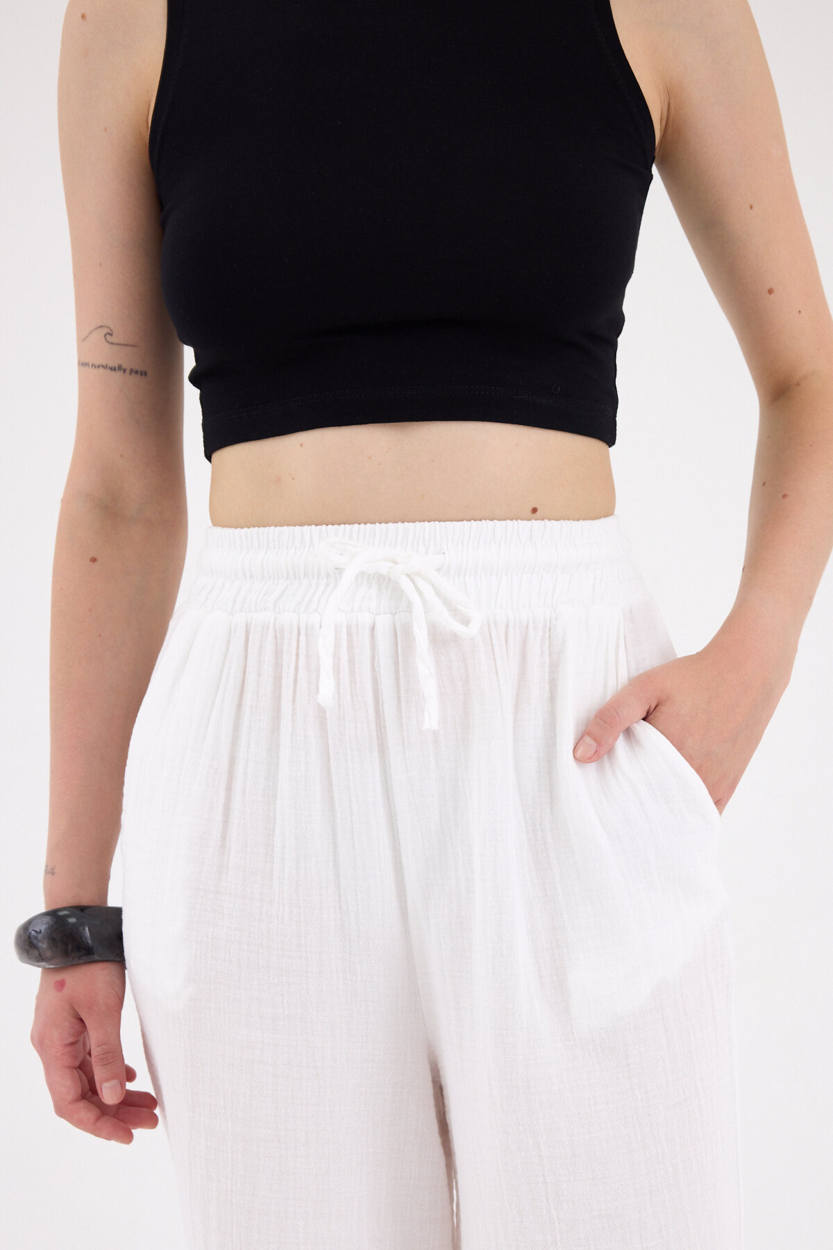 Beyaz %100 Pamuk Müslin Palazzo/Bol Paça Pantolon 8056A - RAYS