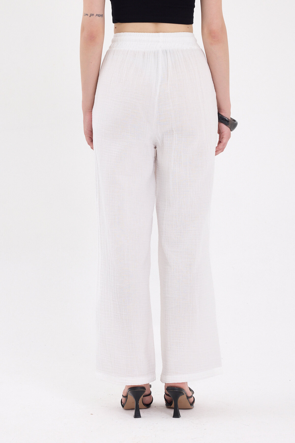 Beyaz %100 Pamuk Müslin Palazzo/Bol Paça Pantolon 8056A - 5