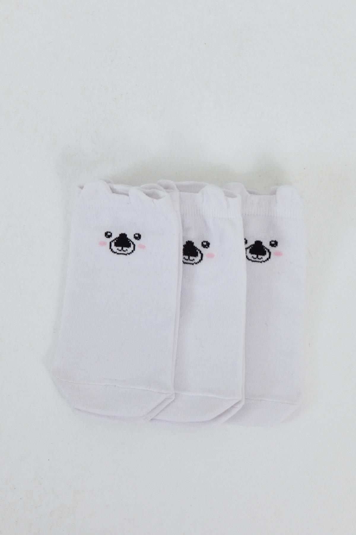 Beyaz 3'lü Baskılı Örme Patik Çorap 1101 