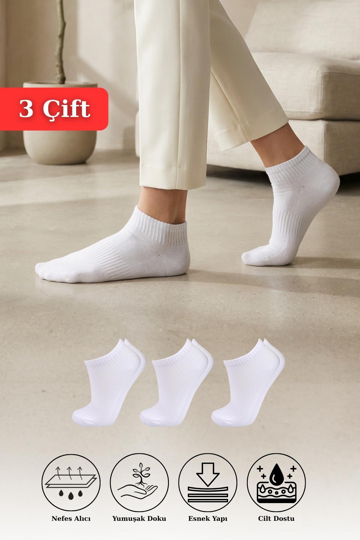 Beyaz 3'lü Örme Patik Çorap 1106 - 1