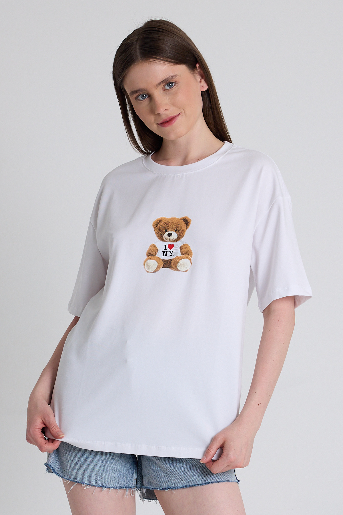 Beyaz Ayı Baskılı Oversize Tişört 6402 