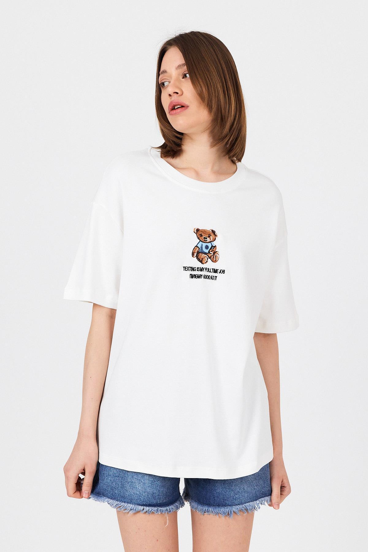 Beyaz Ayı Baskılı Yazılı Oversize Tişört 5632 - 2