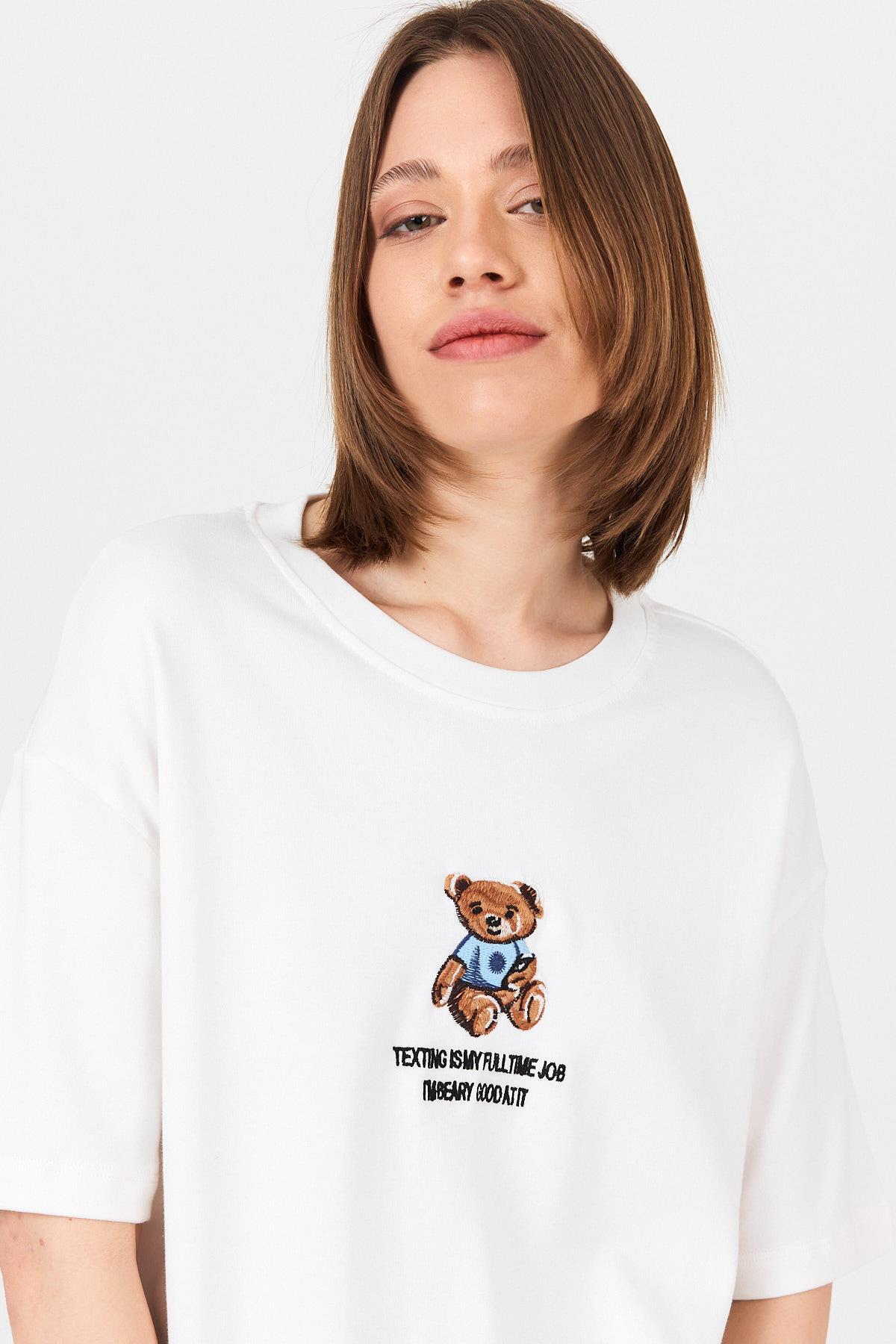 Beyaz Ayı Baskılı Yazılı Oversize Tişört 5632 - 4
