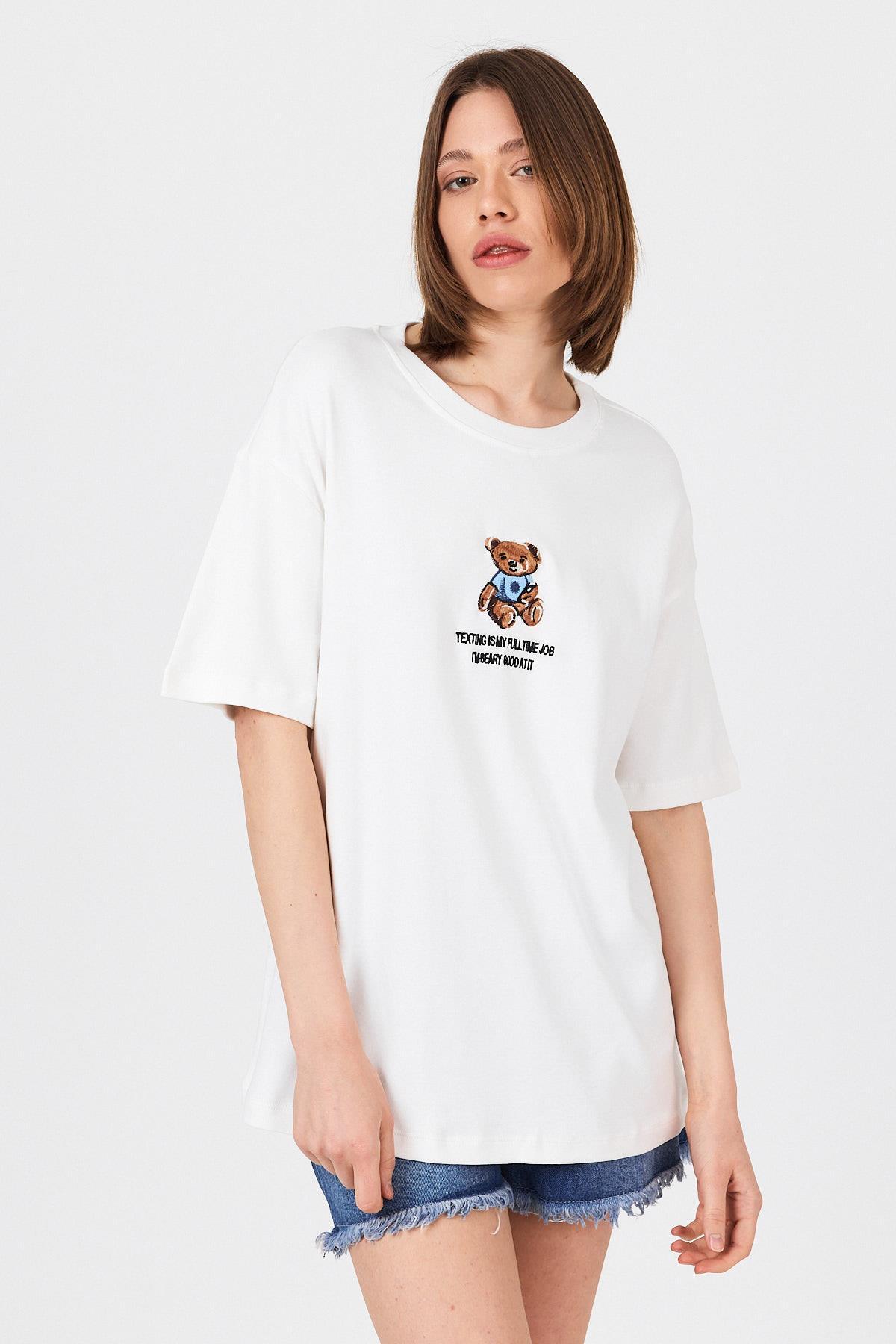Beyaz Ayı Baskılı Yazılı Oversize Tişört 5632 - 6
