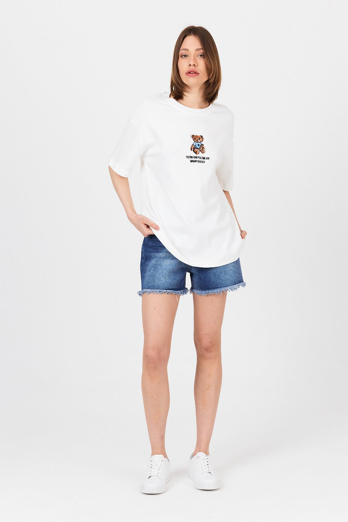 Beyaz Ayı Baskılı Yazılı Oversize Tişört 5632 - 7