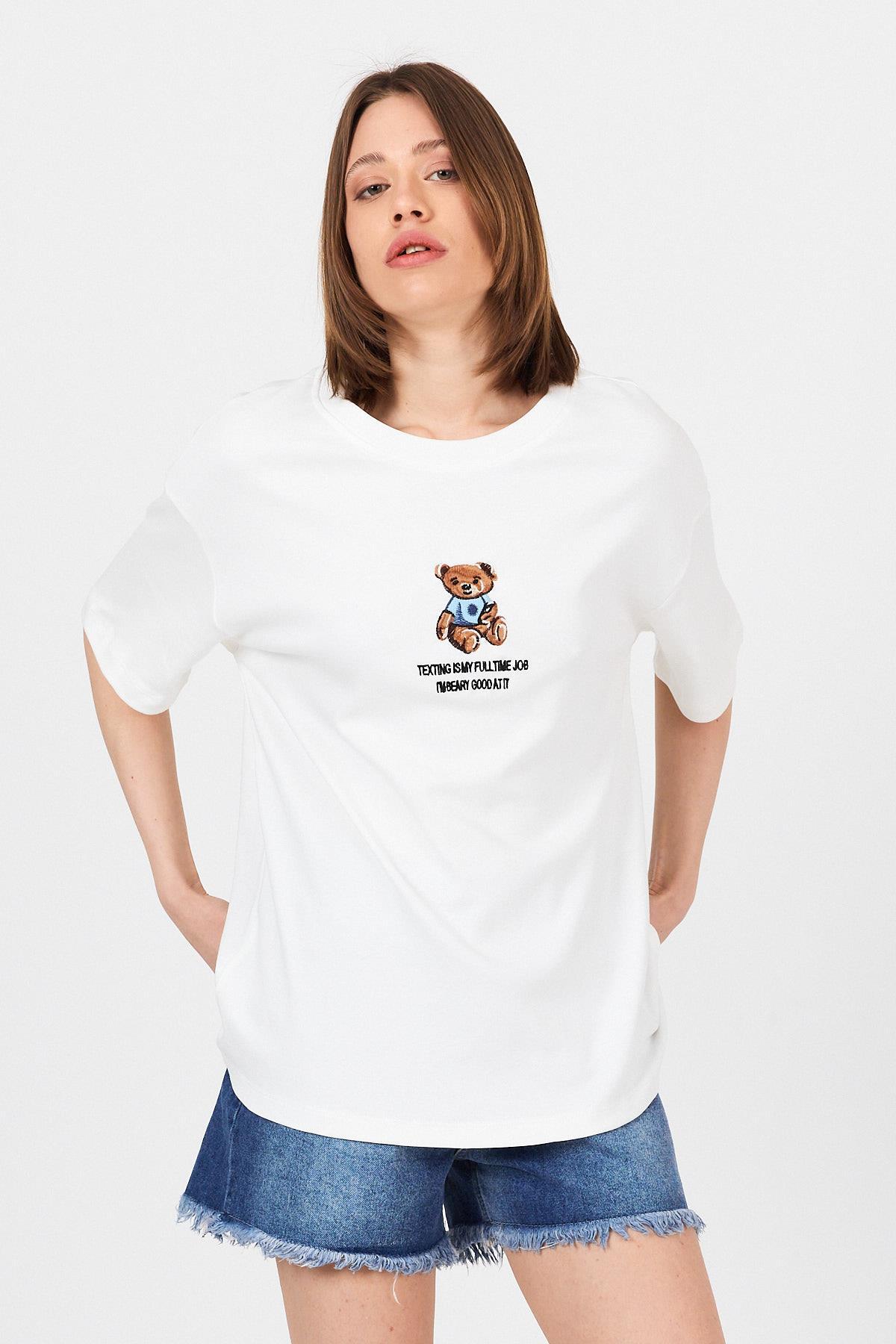 Beyaz Ayı Baskılı Yazılı Oversize Tişört 5632 