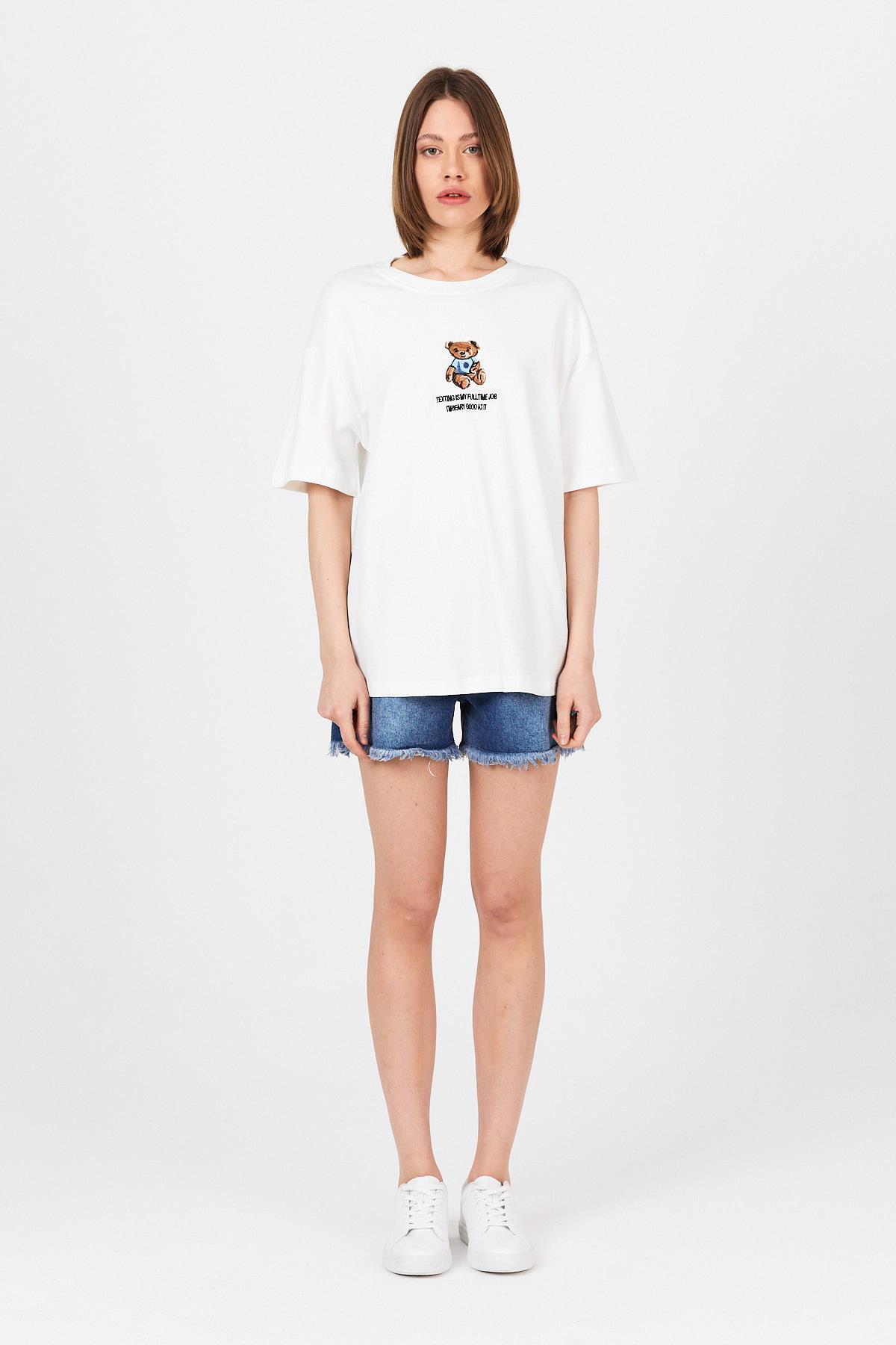Beyaz Ayı Baskılı Yazılı Oversize Tişört 5632 - 3