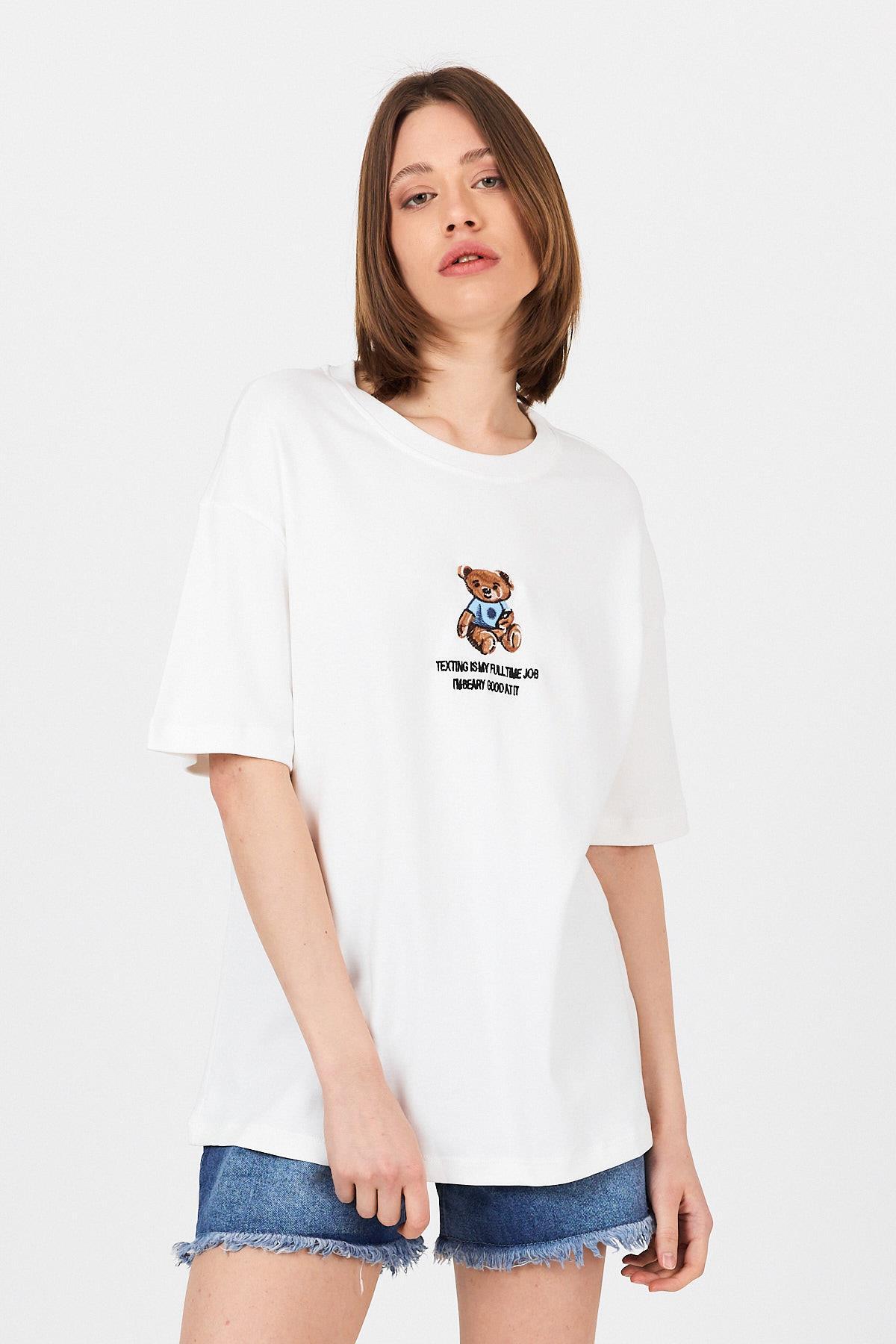 Beyaz Ayı Baskılı Yazılı Oversize Tişört 5632 - 8