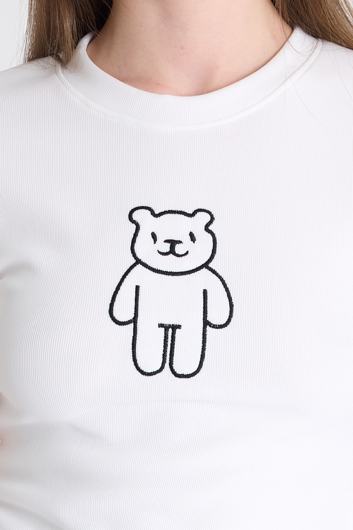 Beyaz Ayıcık İşlemeli Slim Fit Crop Tişört 2217 - 4