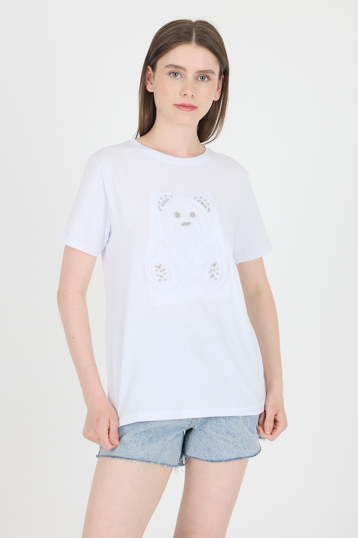 Beyaz Ayıcık Kabartmalı Tişört 25221 - RAYS