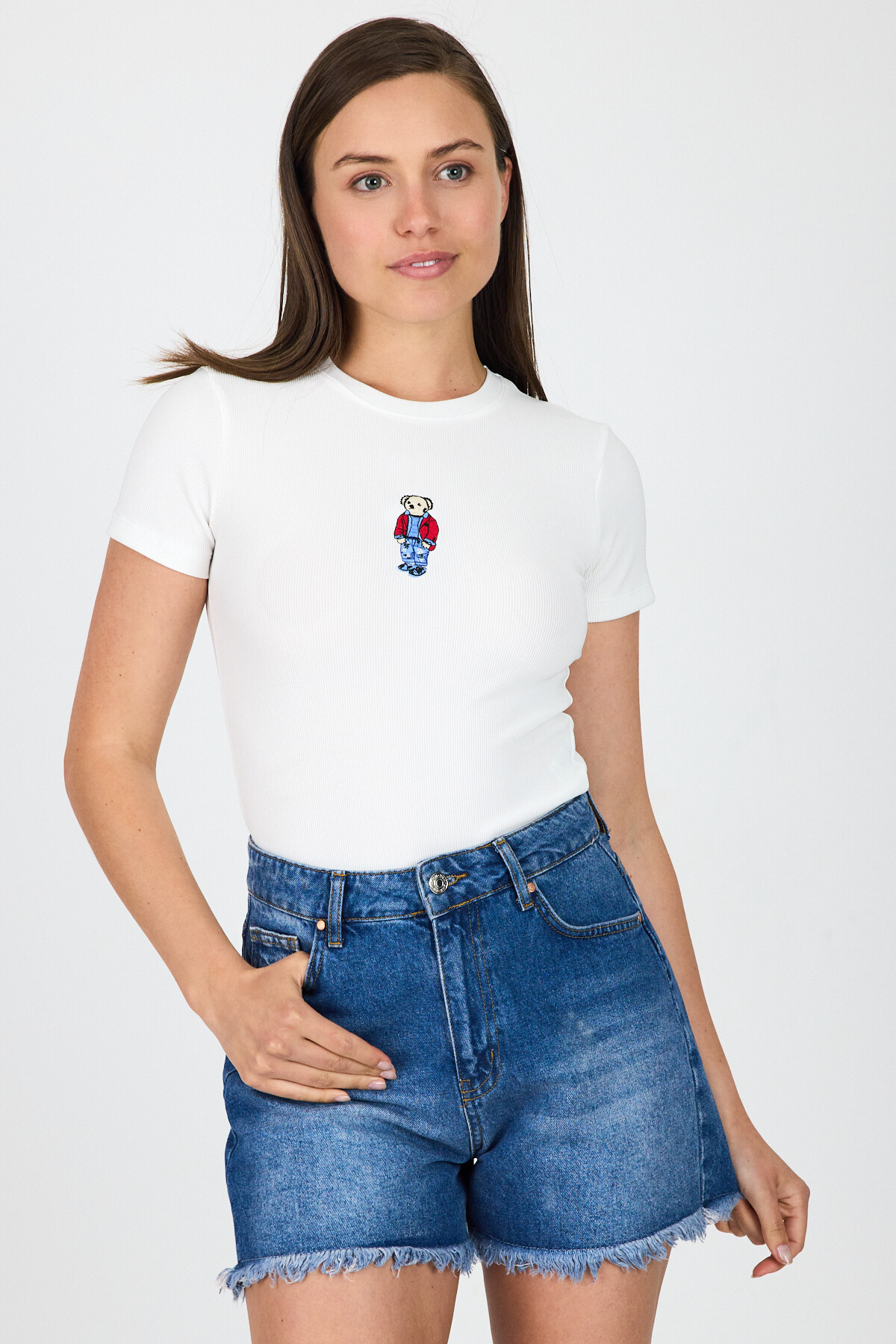 Beyaz Ayıcık Nakış İşlemeli Crop Tişört 9203M - 1