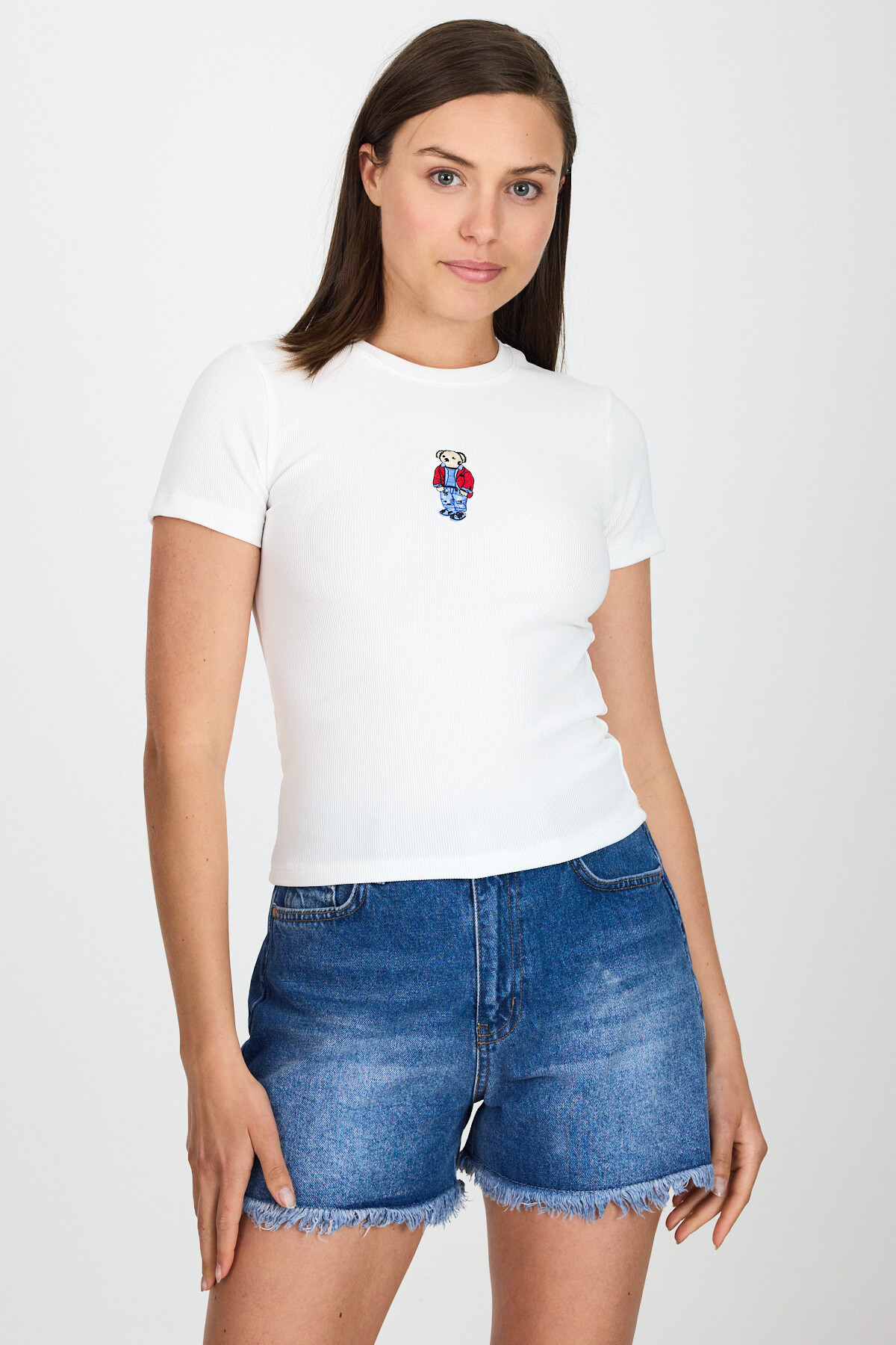 Beyaz Ayıcık Nakış İşlemeli Crop Tişört 9203M - 2