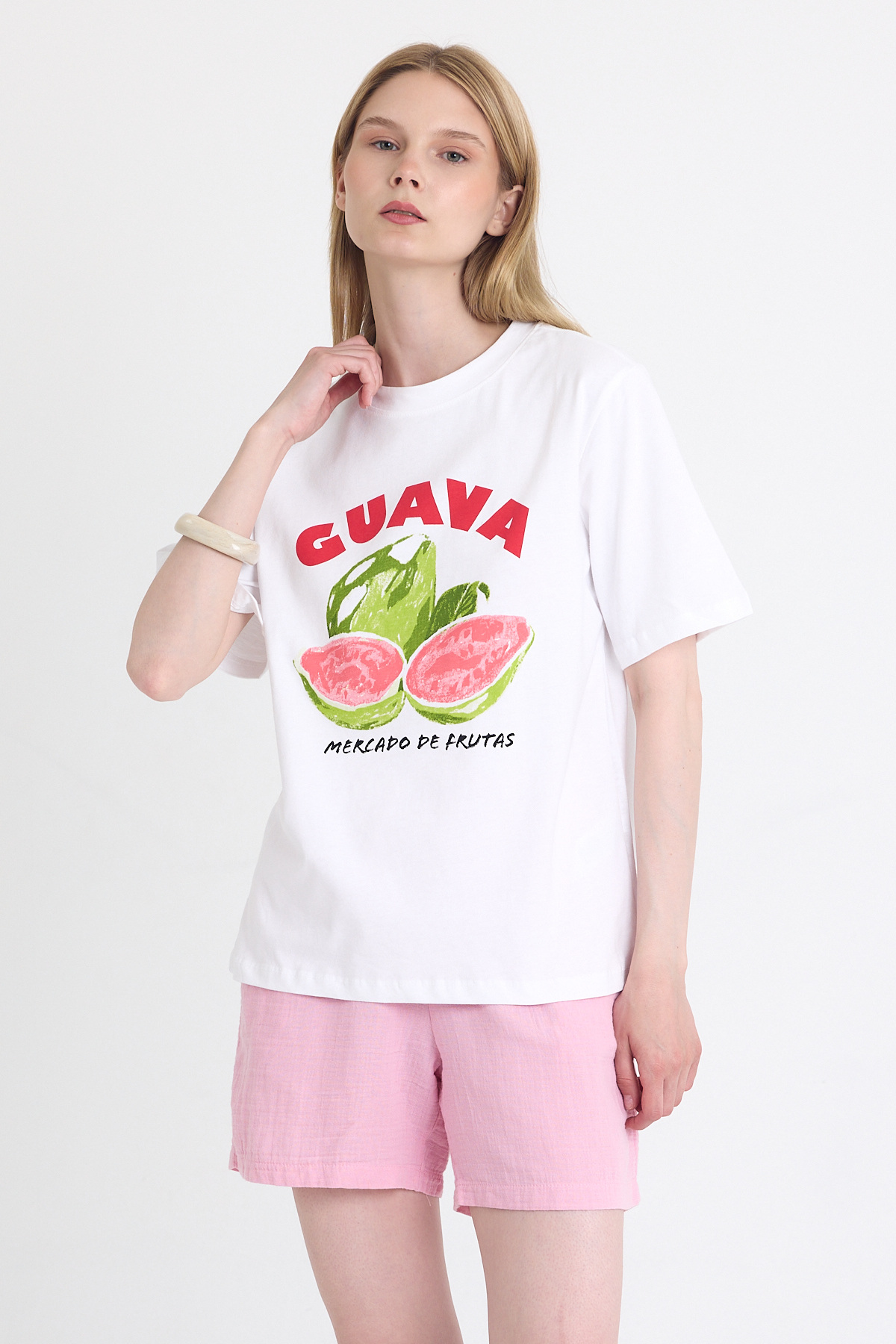 Beyaz Baskılı Oversize Tişört 6938 - 2
