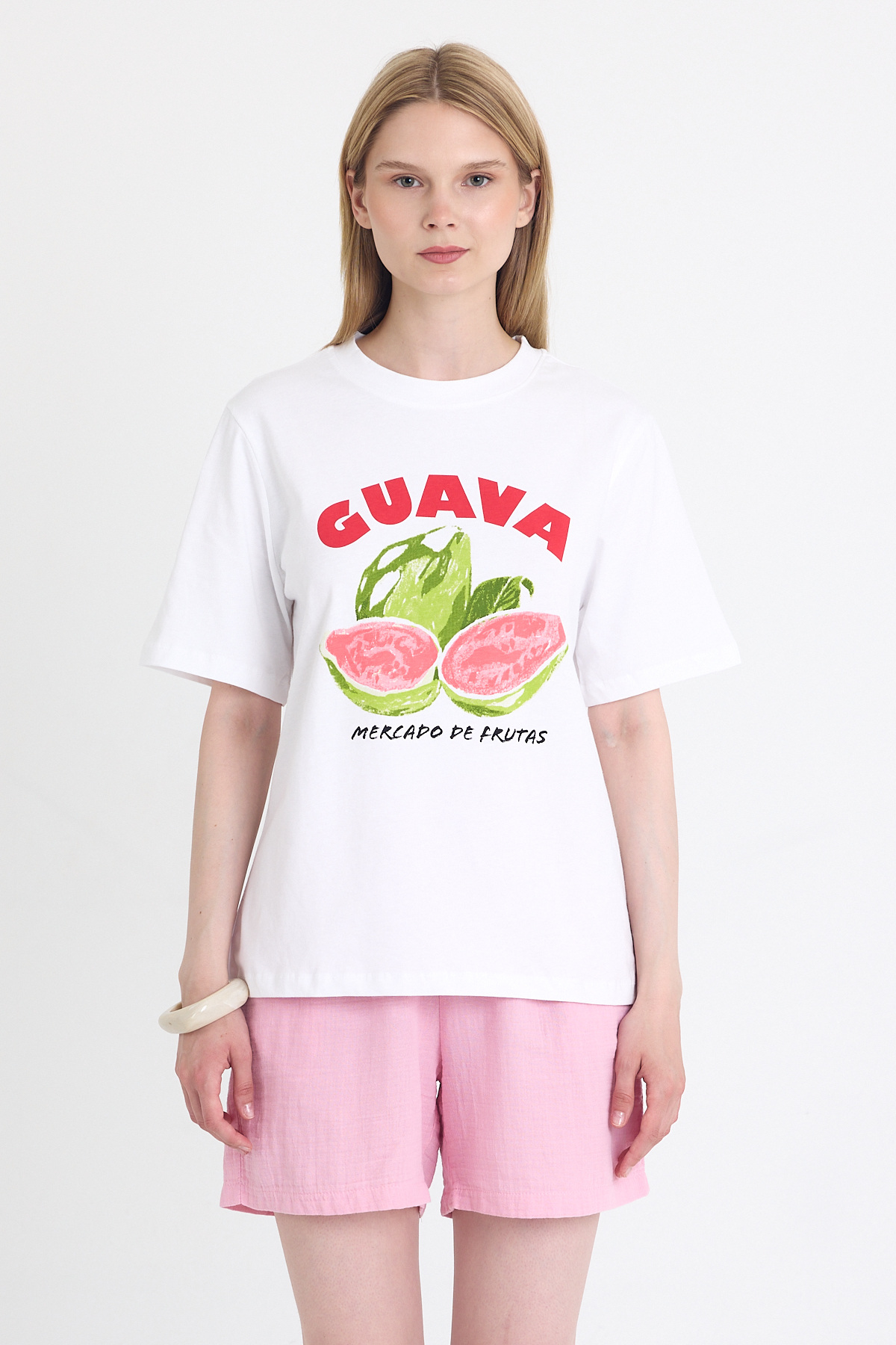 Beyaz Baskılı Oversize Tişört 6938 