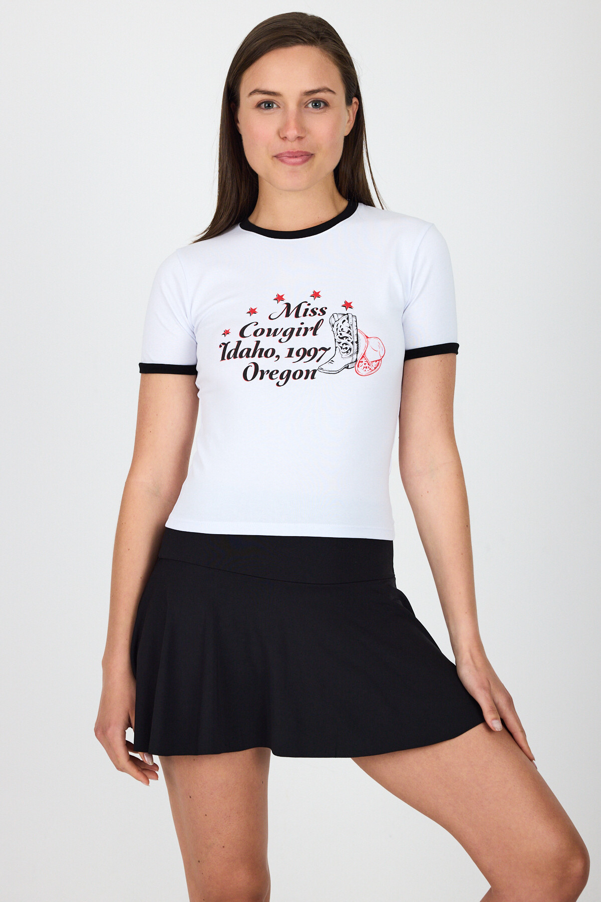 Beyaz Baskılı Ribana Detaylı Pamuklu Crop Tişört 9191M 