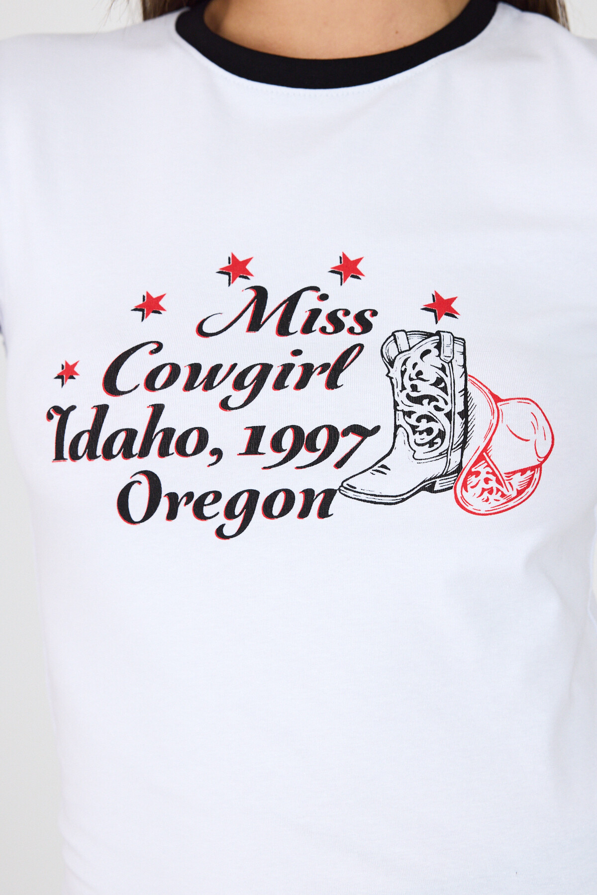 Beyaz Baskılı Ribana Detaylı Pamuklu Crop Tişört 9191M - 4