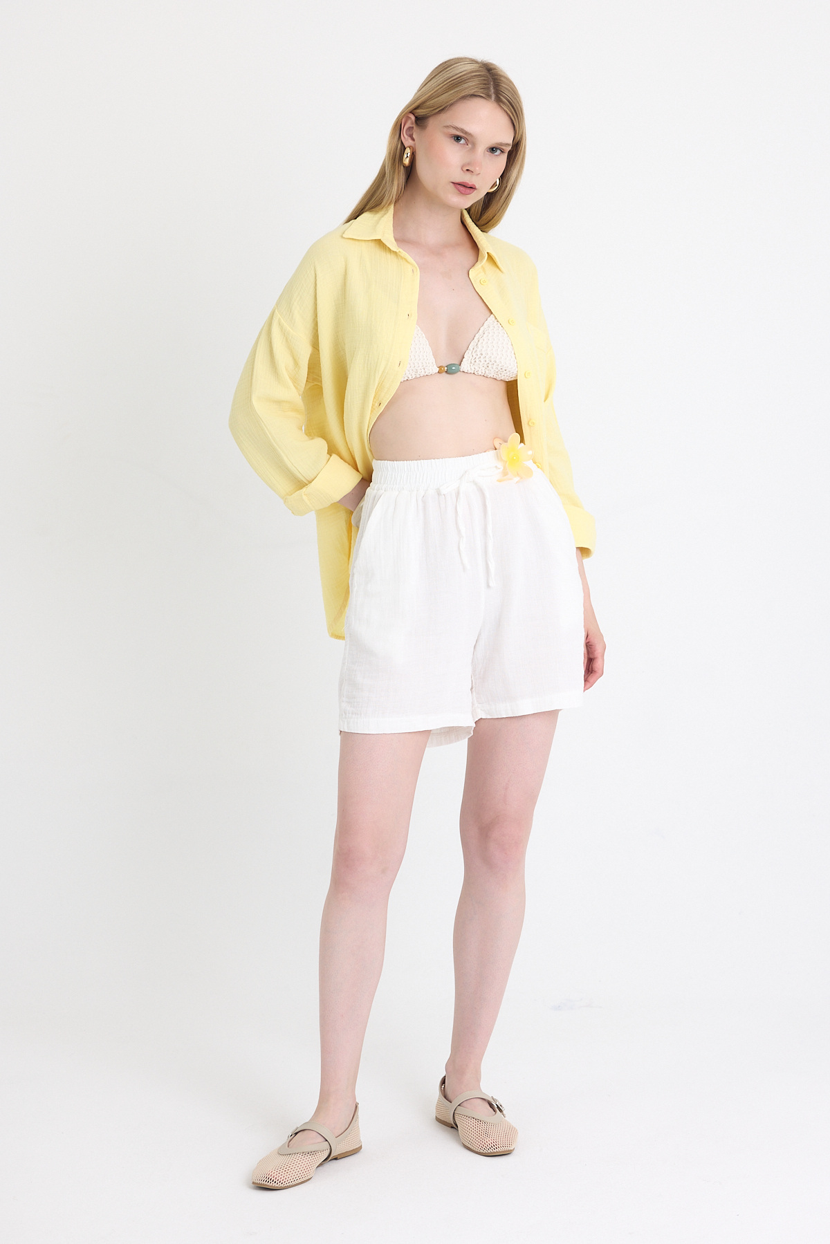 Beyaz Beli Lastikli %100 Pamuk Müslin Şort 4769A 