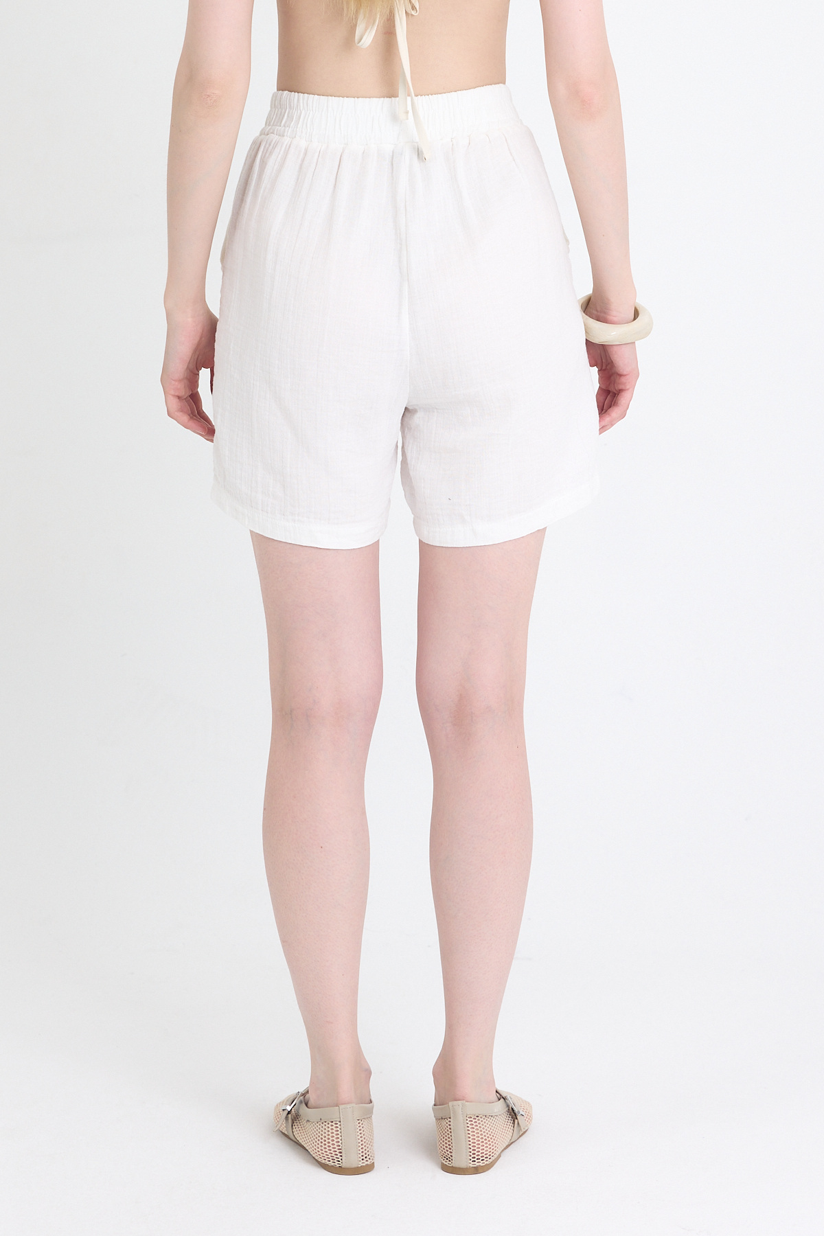 Beyaz Beli Lastikli %100 Pamuk Müslin Şort 4769A - 5