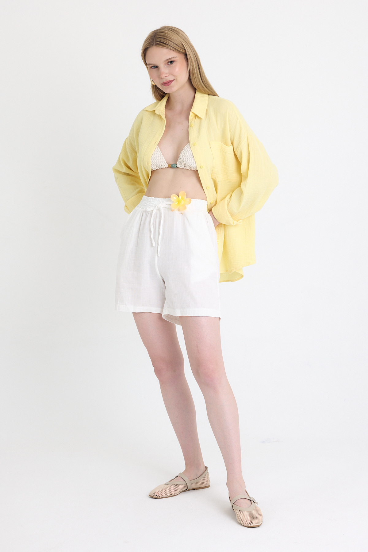 Beyaz Beli Lastikli %100 Pamuk Müslin Şort 4769A - RAYS