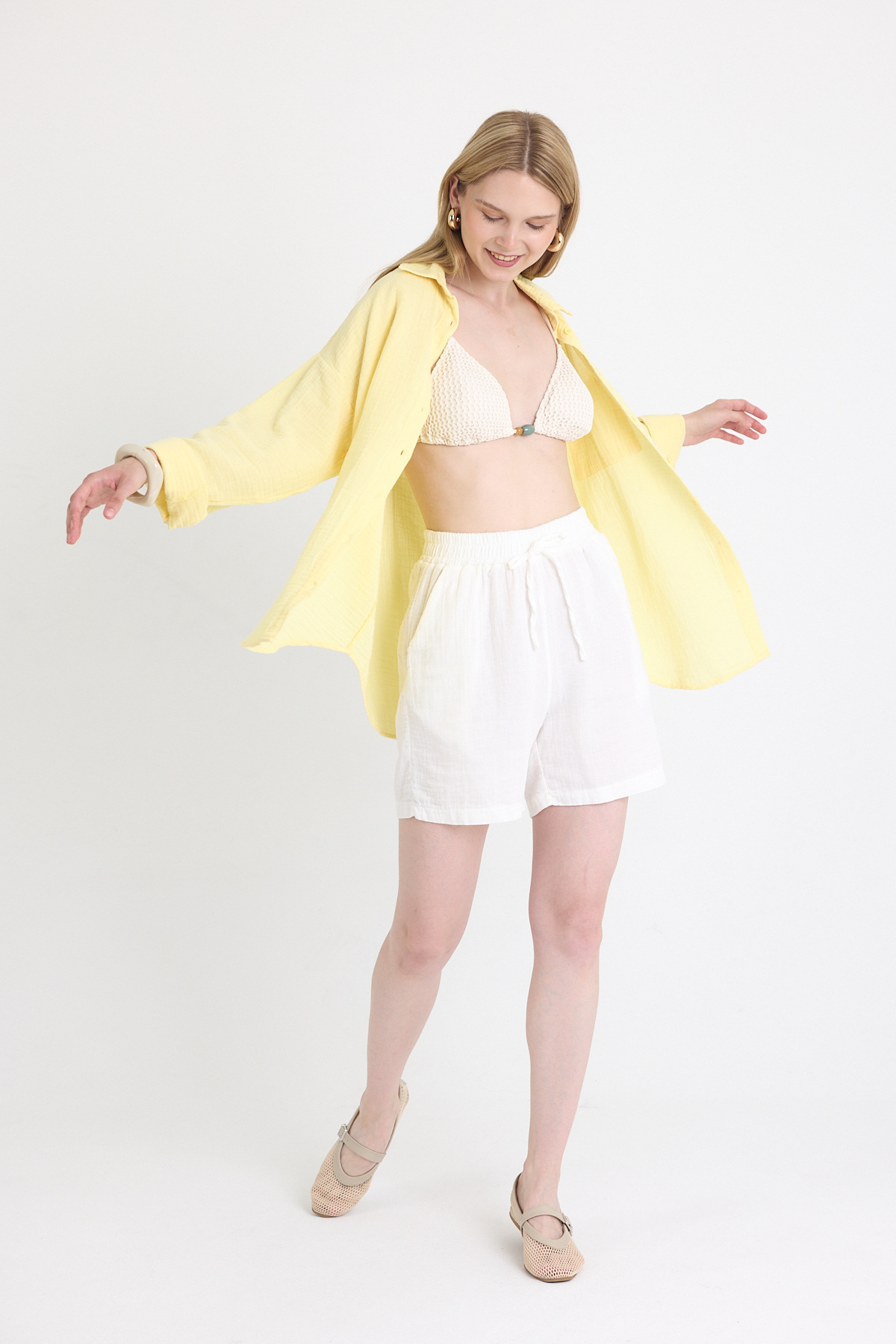 Beyaz Beli Lastikli %100 Pamuk Müslin Şort 4769A - RAYS