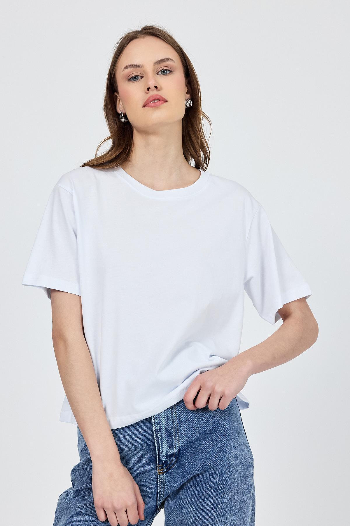 Beyaz Bisiklet Yaka %100 Pamuk Relaxed Fit Tişört 2142M - RAYS