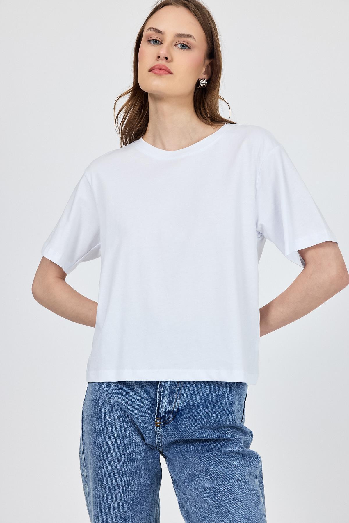 Beyaz Bisiklet Yaka %100 Pamuk Relaxed Fit Tişört 2142M - 6