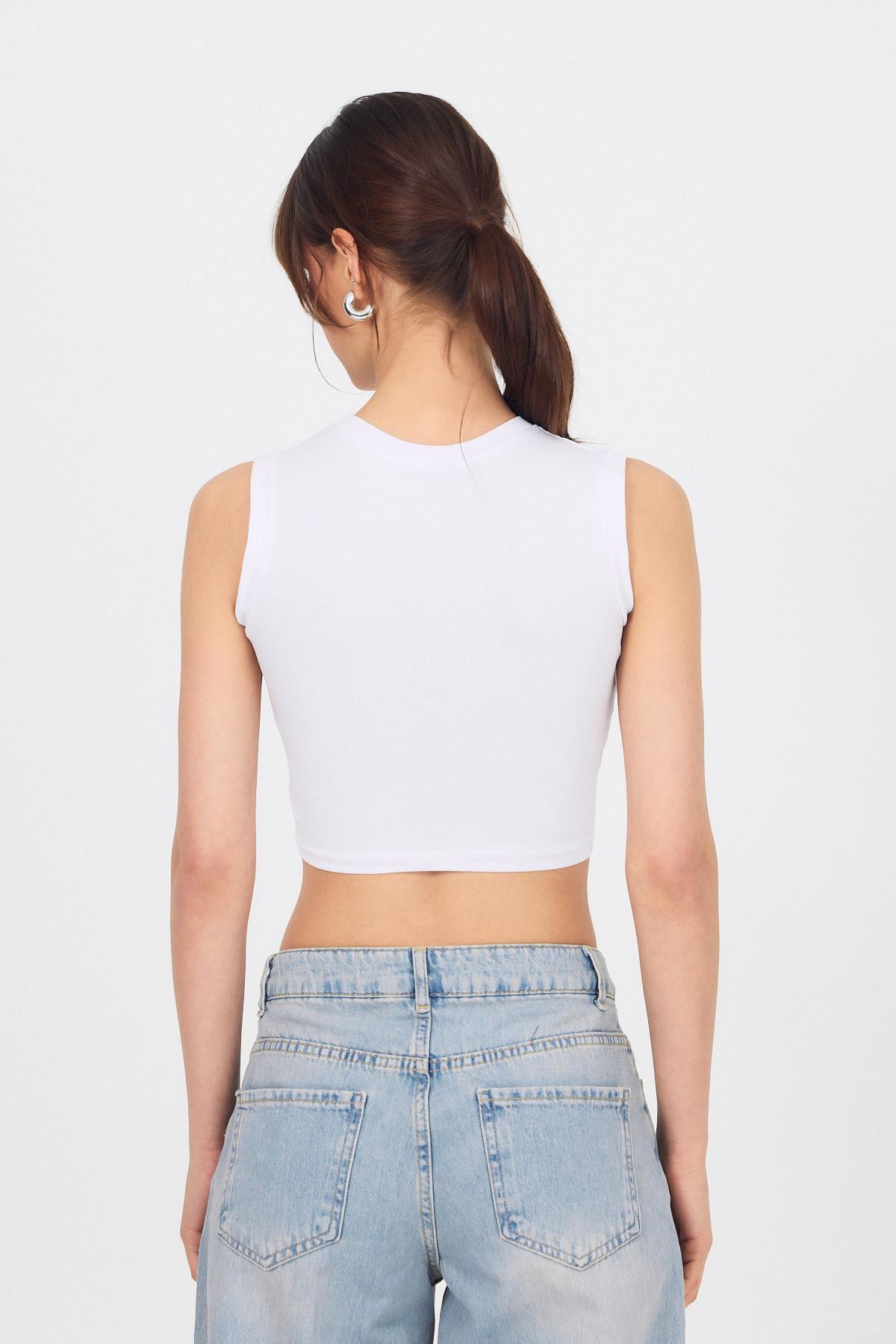 Beyaz Bisiklet Yaka Crop Atlet 9189M - 5