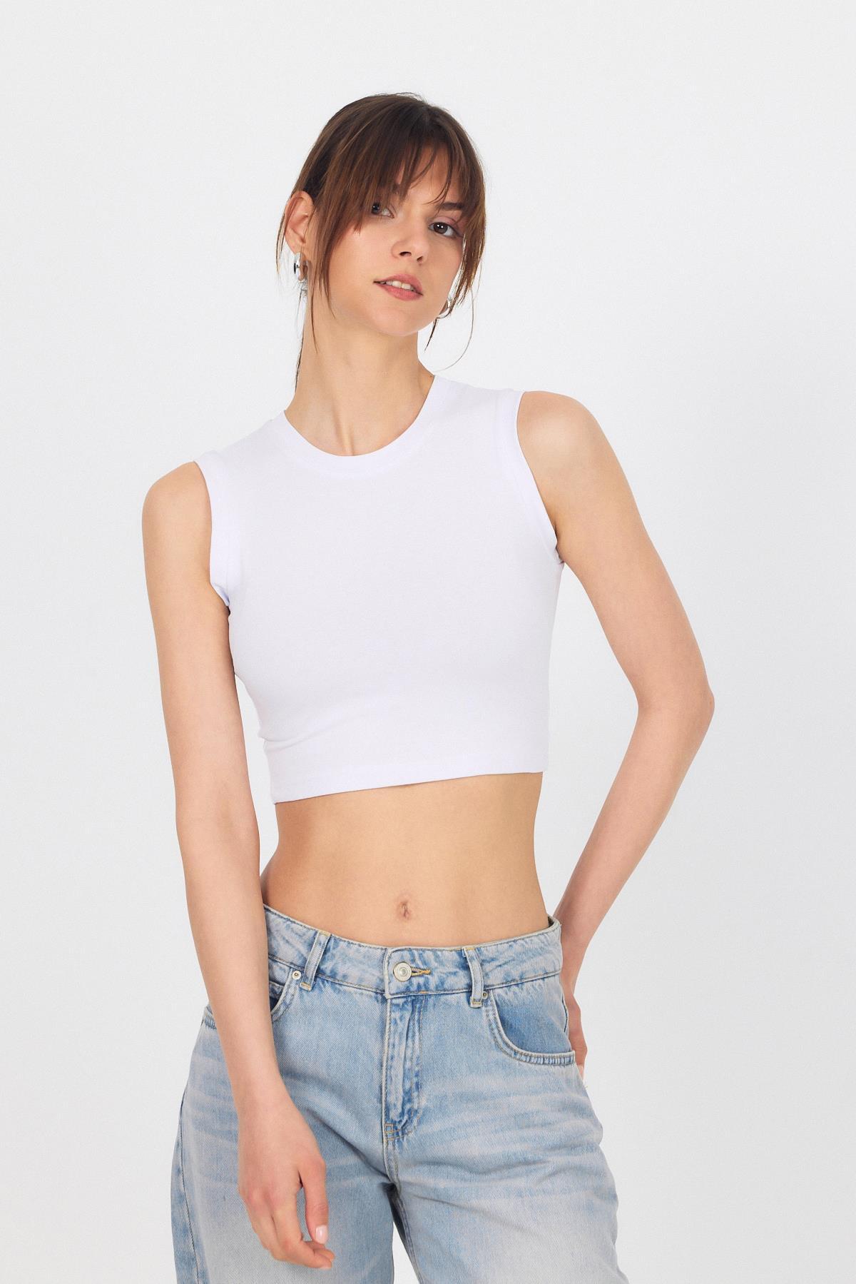 Beyaz Bisiklet Yaka Crop Atlet 9189M - 3