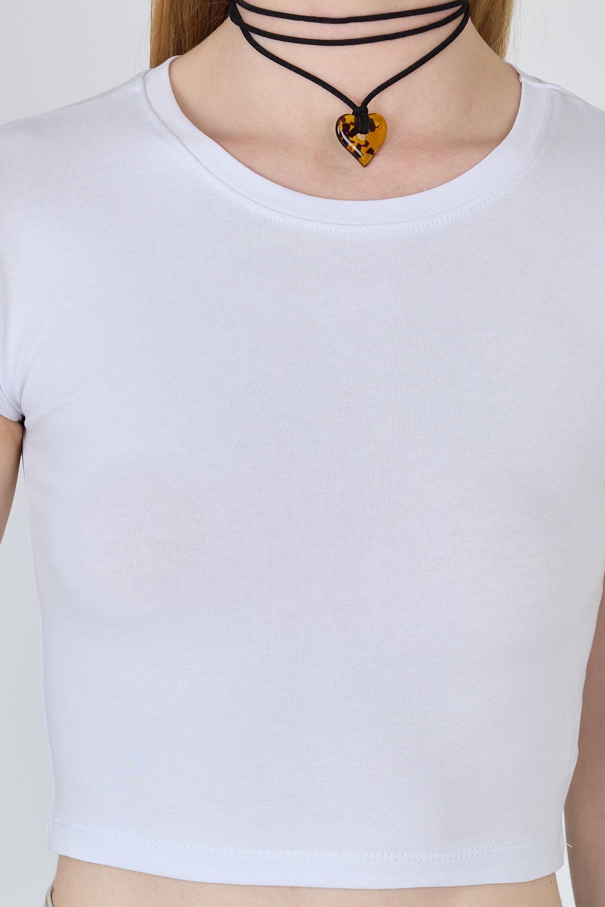 Beyaz Bisiklet Yaka Pamuklu Slim Fit Crop Tişört 9199M - 4
