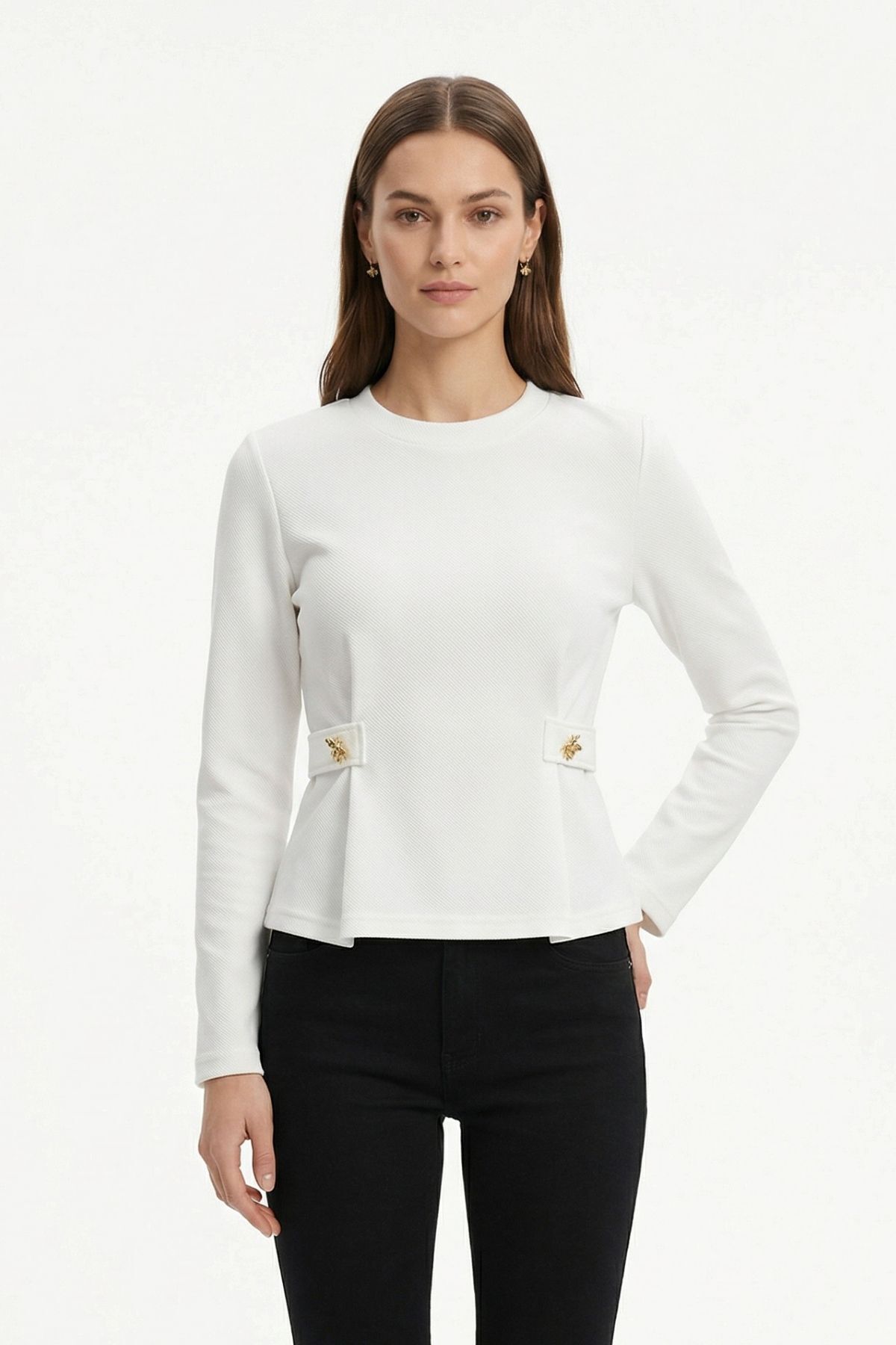 Beyaz Bisiklet Yaka Uzun Kol Düğmeli Bluz 8492A - 1