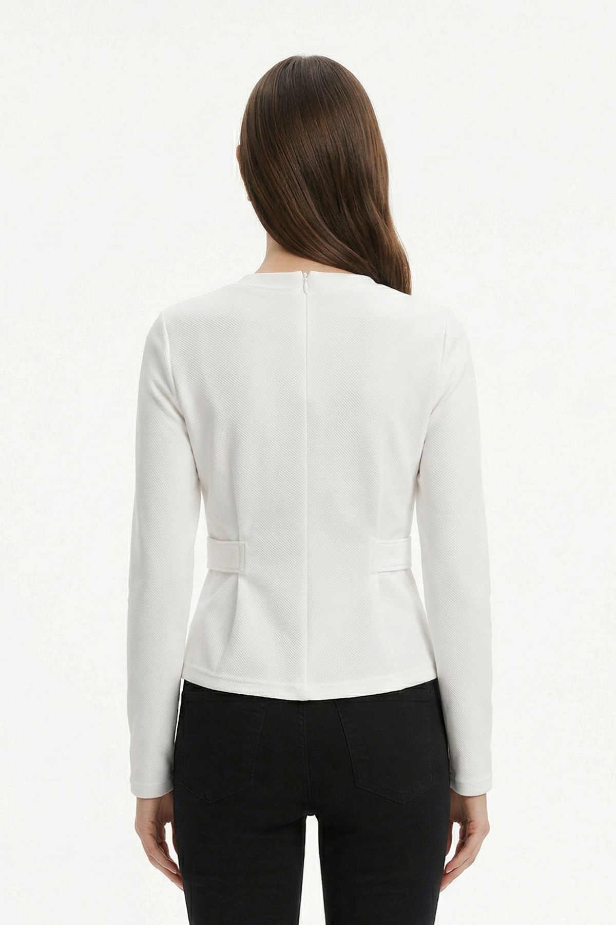 Beyaz Bisiklet Yaka Uzun Kol Düğmeli Bluz 8492A - RAYS