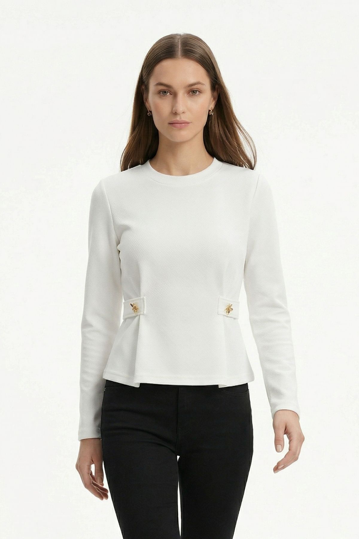 Beyaz Bisiklet Yaka Uzun Kol Düğmeli Bluz 8492A - RAYS