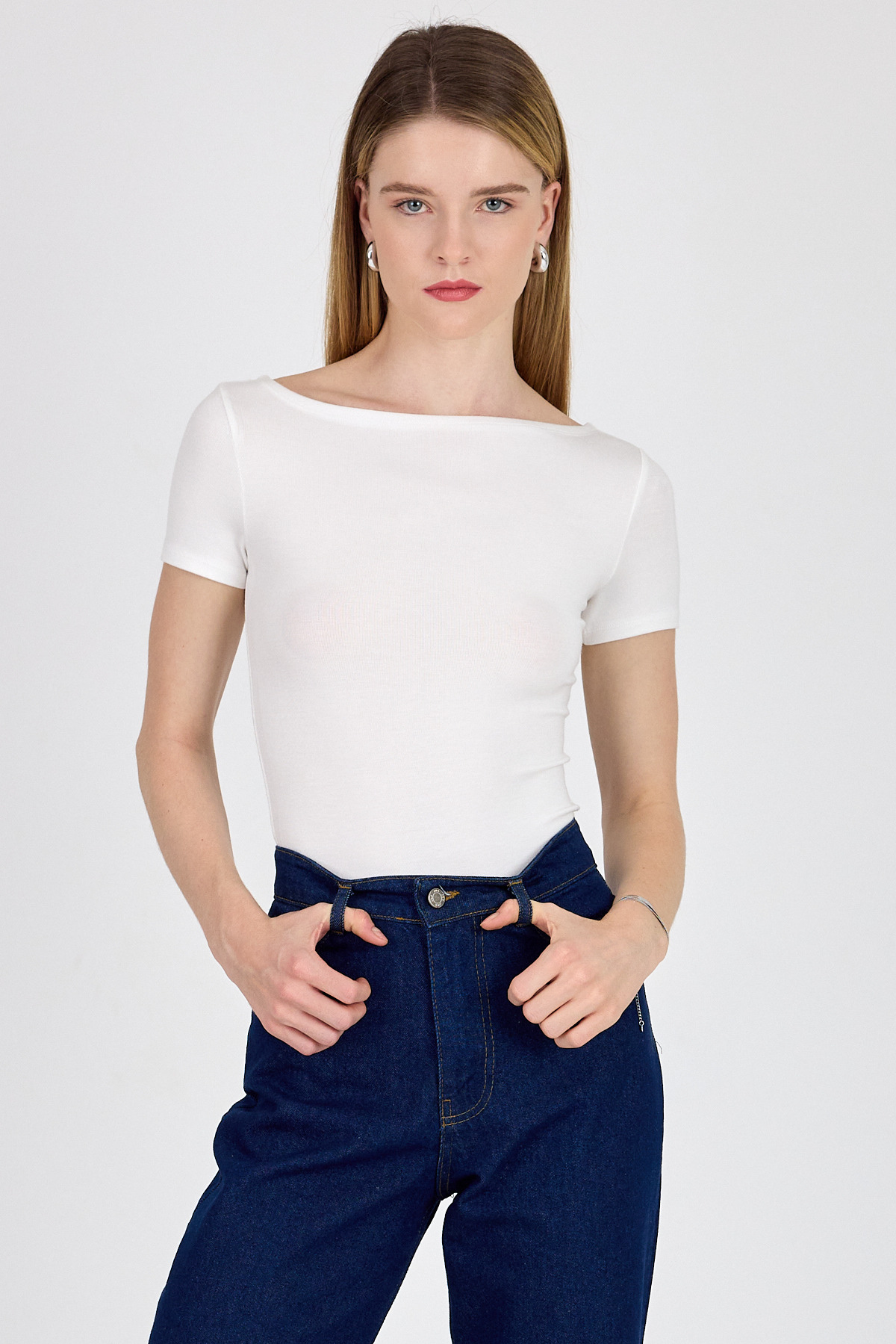 Beyaz Bisiklet Yaka Viskoz/Yumuşak Kumaş Tişört 1469 - RAYS