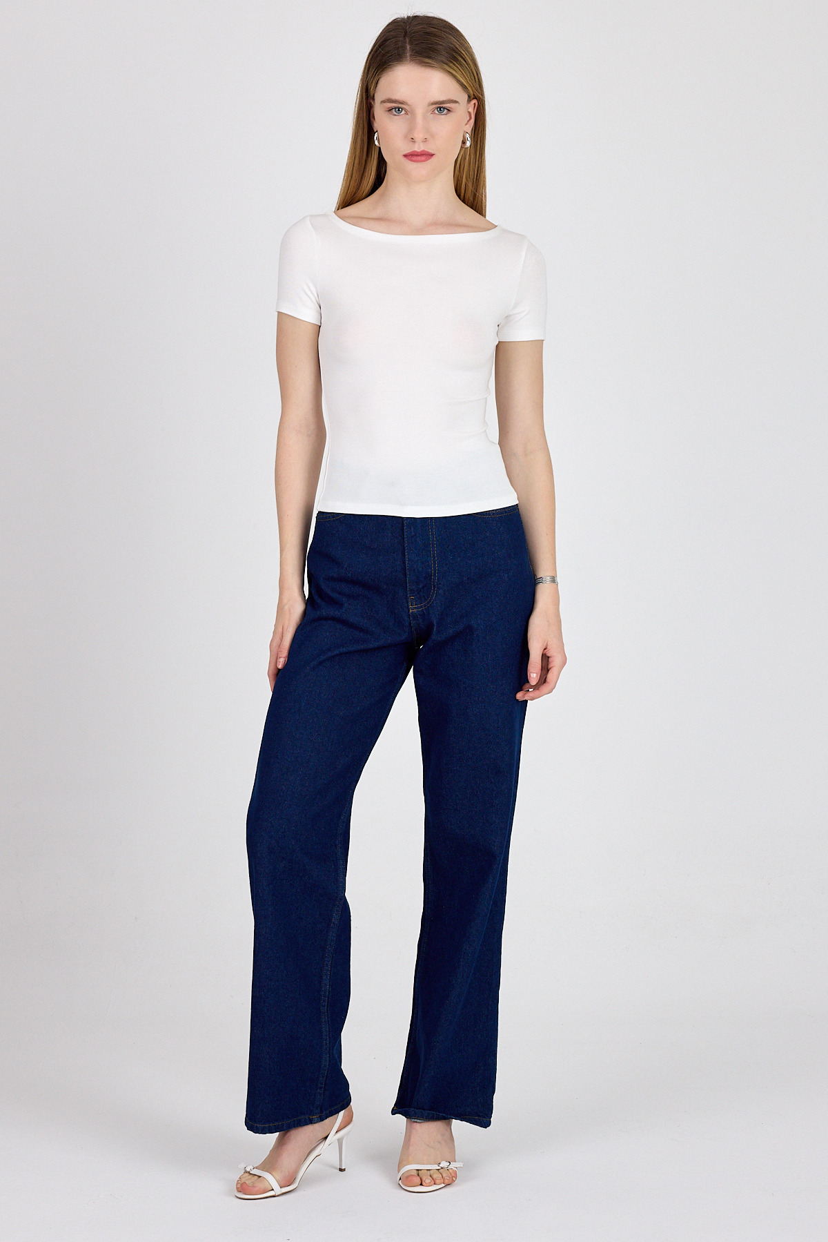 Beyaz Bisiklet Yaka Viskoz/Yumuşak Kumaş Tişört 1469 - RAYS