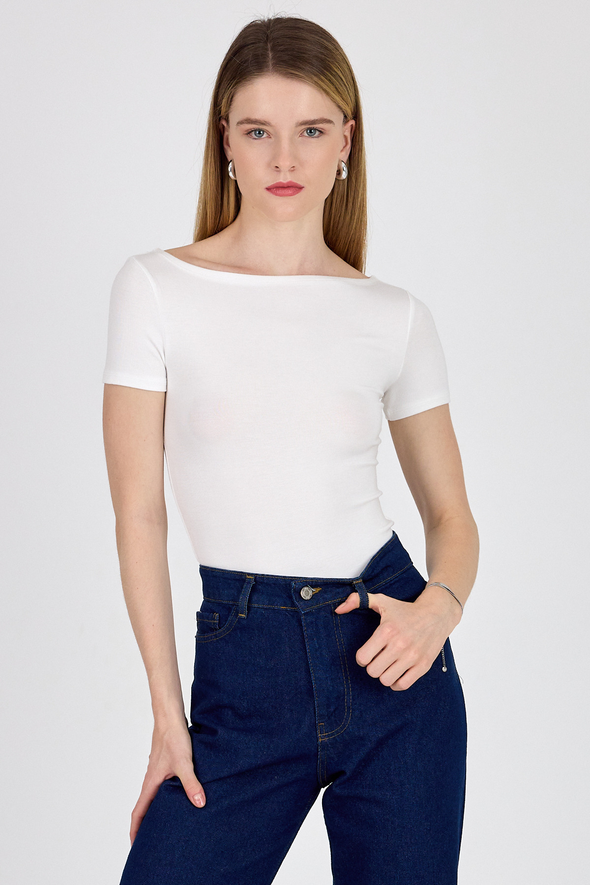 Beyaz Bisiklet Yaka Viskoz/Yumuşak Kumaş Tişört 1469 - 2