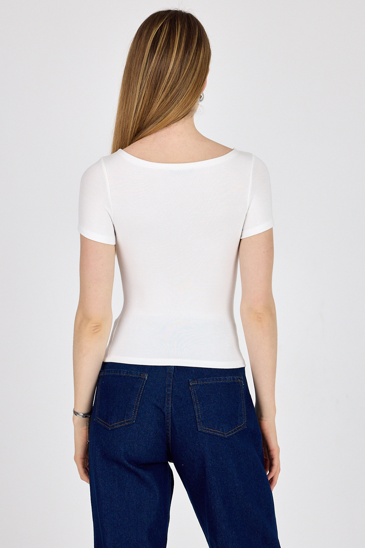 Beyaz Bisiklet Yaka Viskoz/Yumuşak Kumaş Tişört 1469 - 5